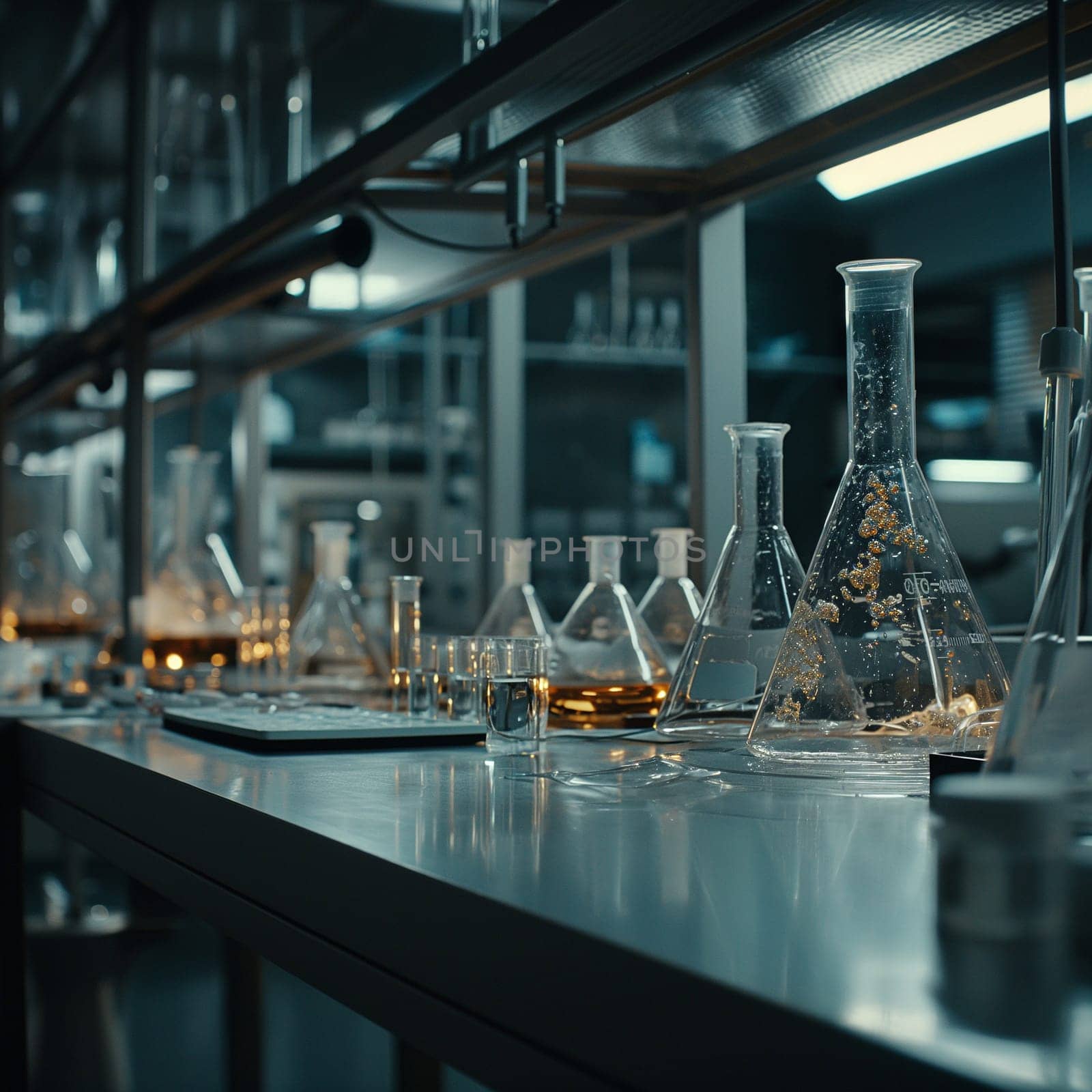 A scientific medical laboratory with a variety of flasks, reagents, vessels, liquids and equipment. Scientific breakthrough, research by NeuroSky