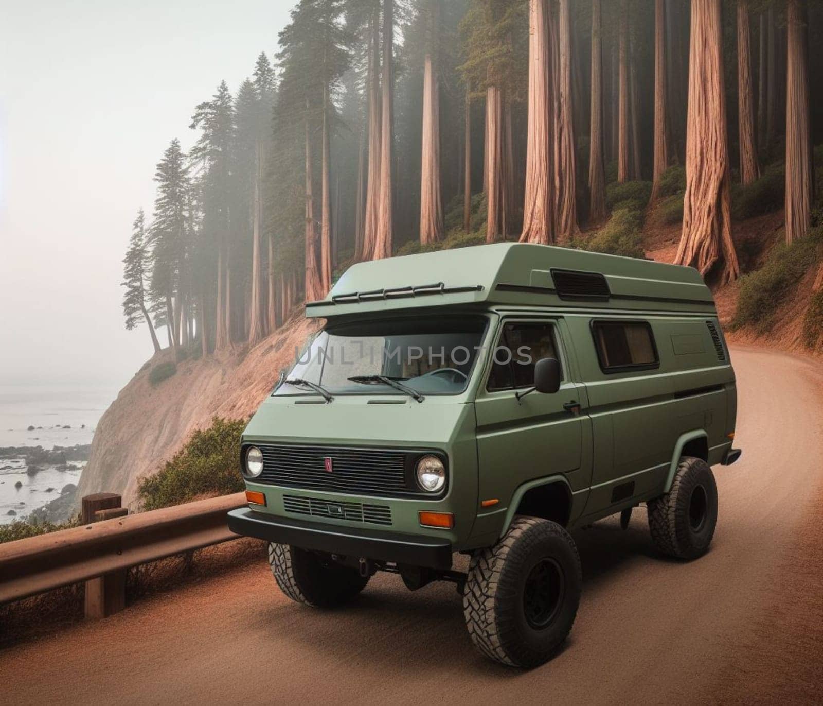 green matte 4x4 lifter vintage van conversion , nomadic lifestyle , offroad wheels, 3d render by verbano
