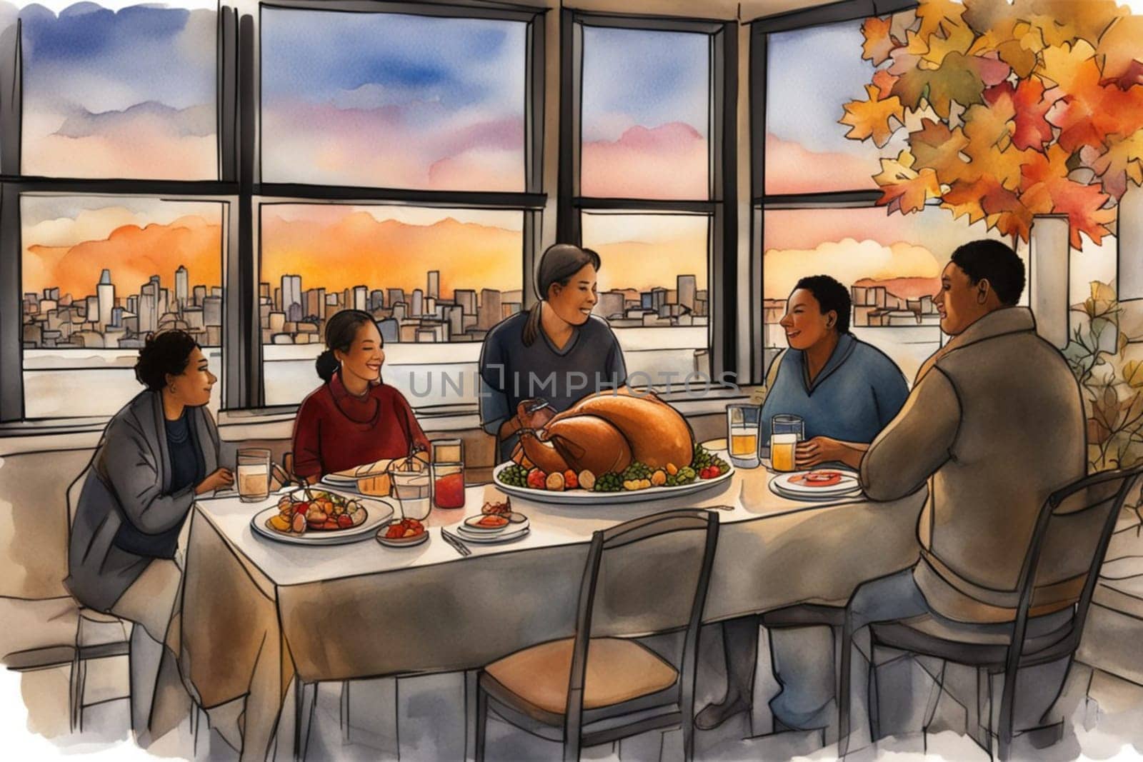 loving family enjoy thanksgiving lunch at the table illustration generative ai art