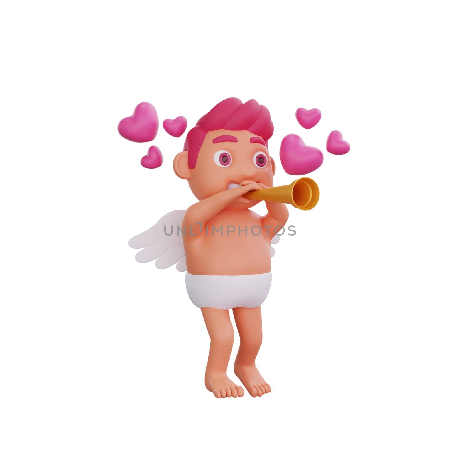 3D illustration of Valentine Cupid character playing a golden trumpet, sending out waves of pink hearts, perfect for Valentine or love themed projects