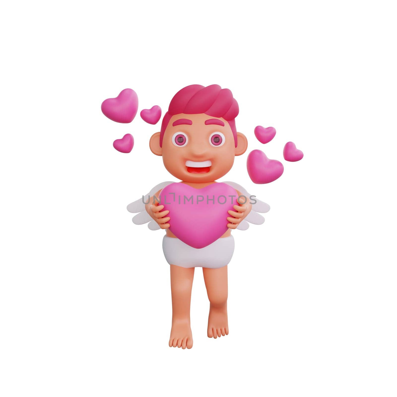 3D illustration of Valentine Cupid character holding a heart, surrounded by floating hearts, expressing love and affection, perfect for Valentine or love themed projects
