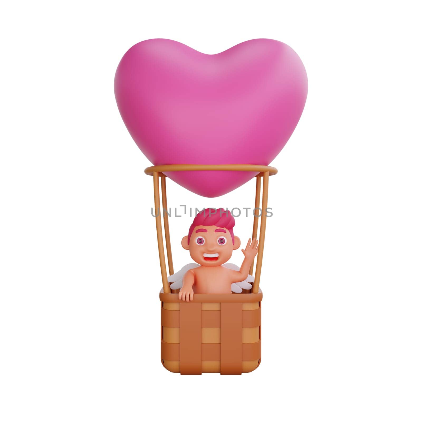 3D illustration of Valentine Cupid character waving from a heart-shaped hot air balloon, symbolizing love and adventure, perfect for Valentine or love themed projects