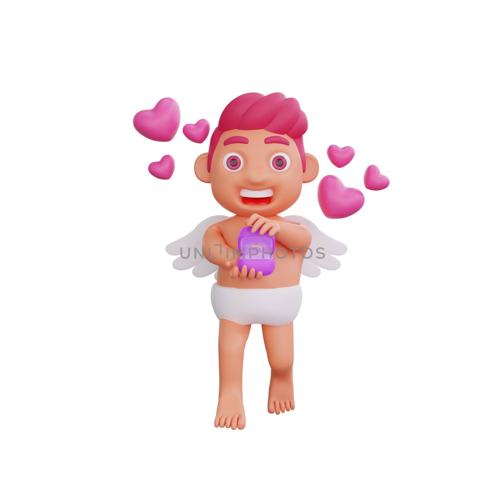 3D illustration of Valentine Cupid character gleefully holding a ring box surrounded by floating hearts, perfect for Valentine or love themed projects