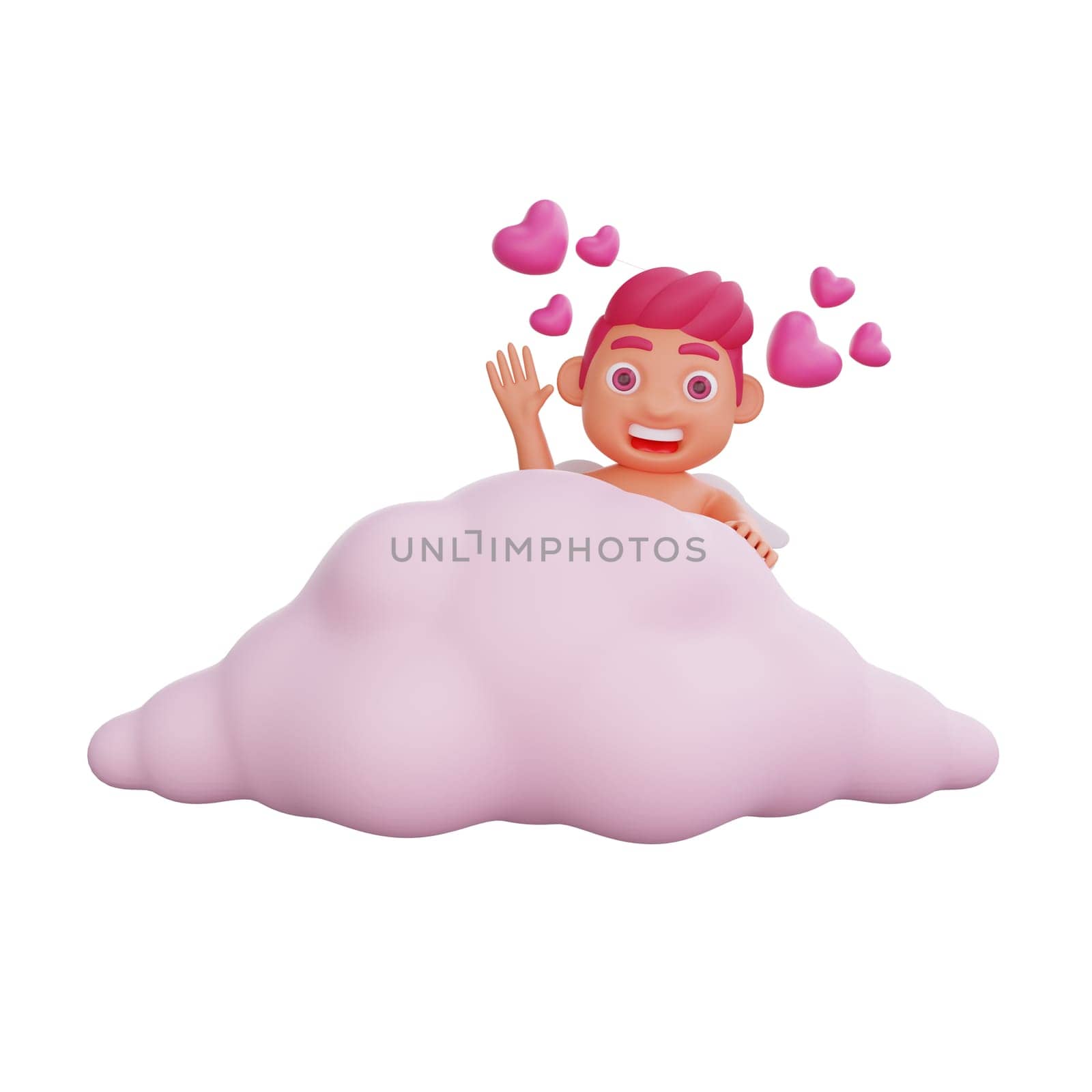 3D illustration of Valentine Cupid character Hiding behind pink cloud while waving by Rahmat_Djayusman