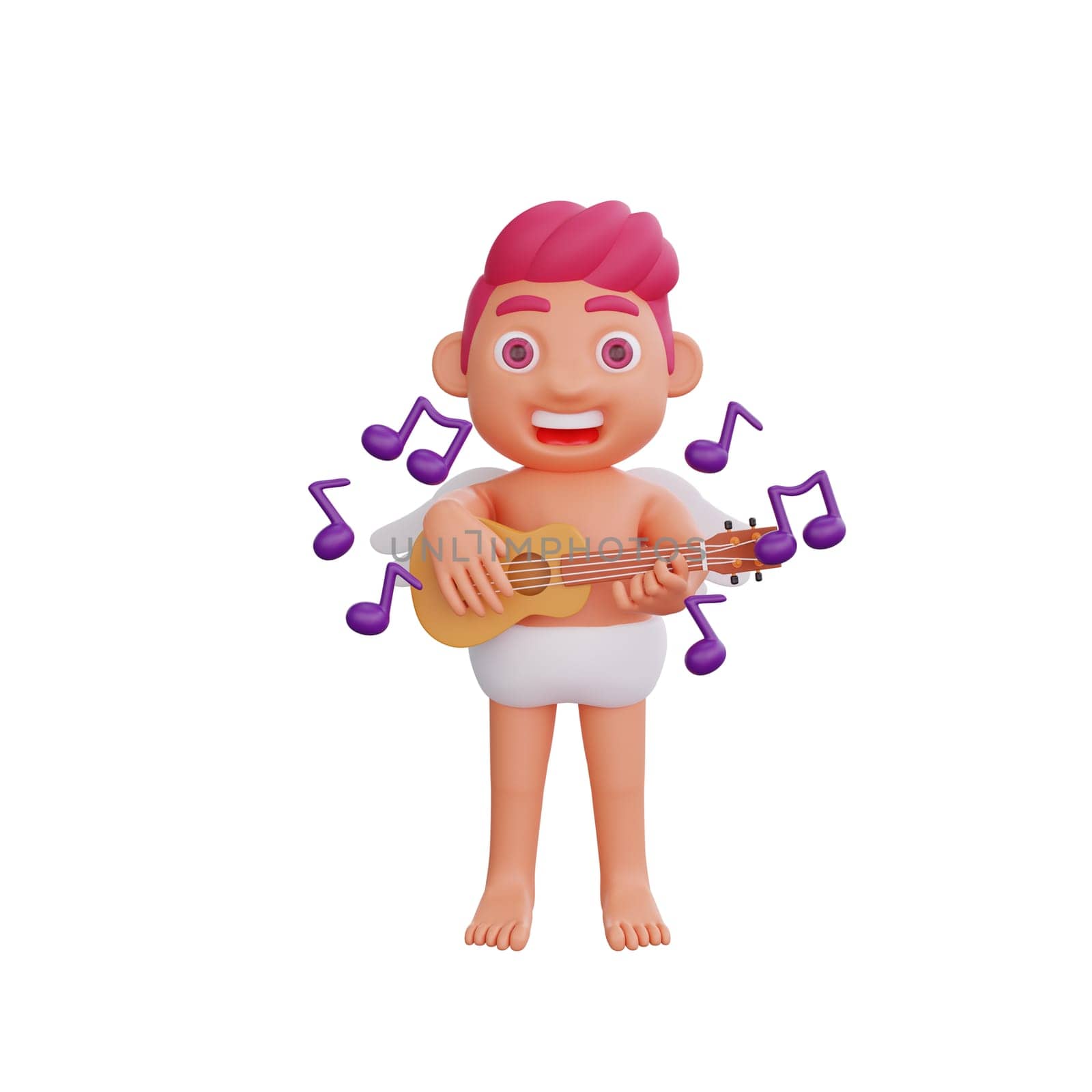 3D illustration of Valentine Cupid character playing a ukulele, surrounded by floating musical notes, capturing the essence of musical joy, perfect for Valentine or love themed projects
