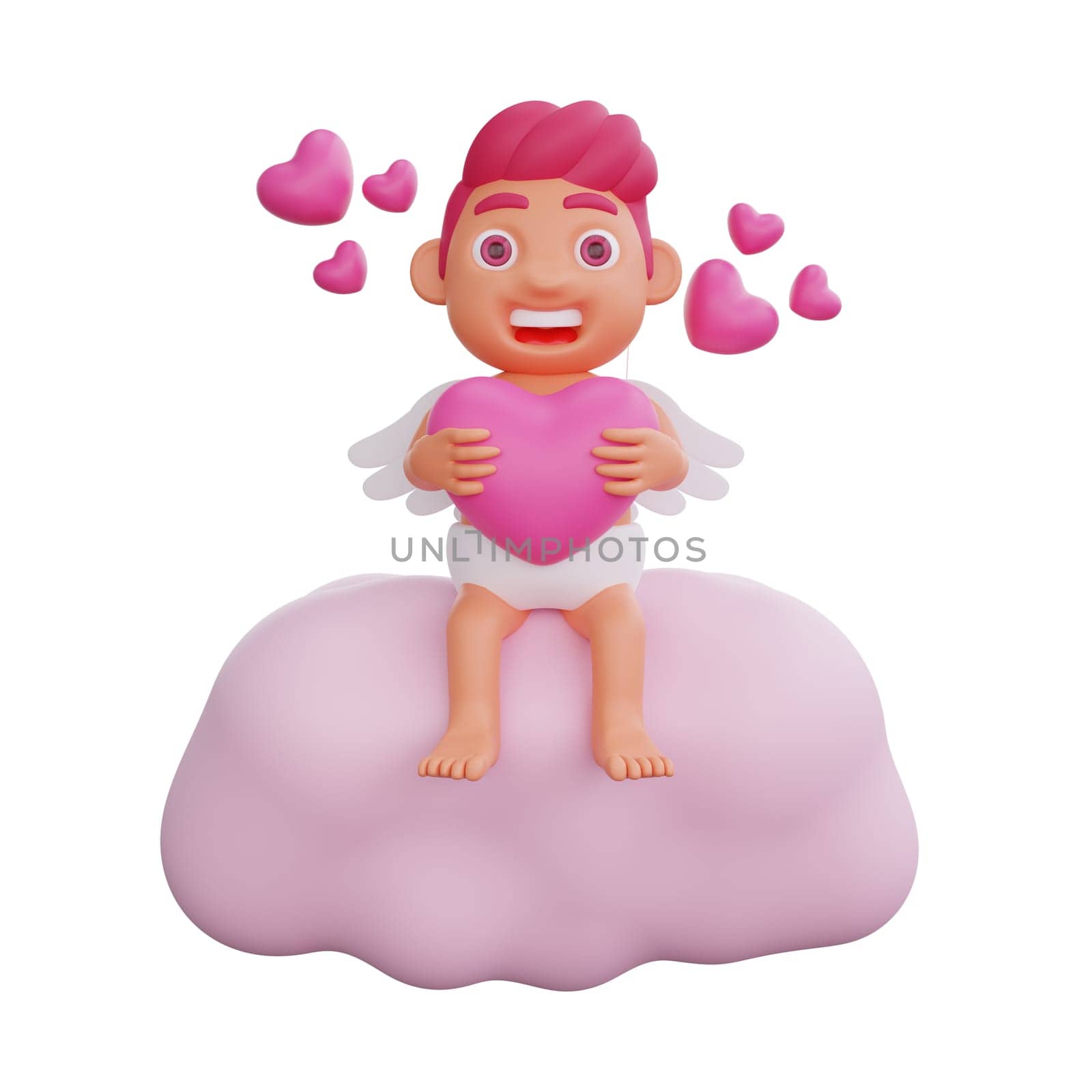 3D illustration of Valentine Cupid character gleefully holding a heart, surrounded by floating hearts on a cloud, depicting a cheerful and loving atmosphere, perfect for Valentine or love themed projects