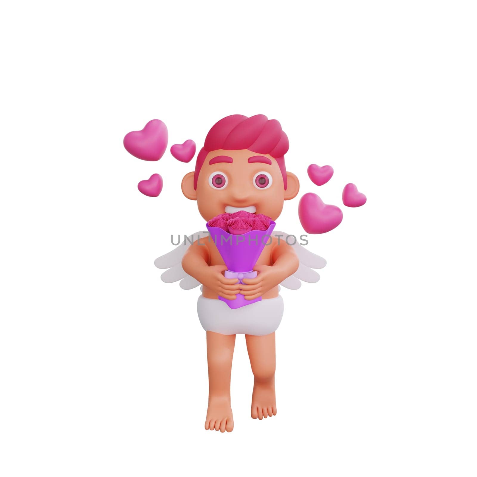 3D illustration of Valentine Cupid character holding a bouquet of roses surrounded by floating hearts, perfect for Valentine or love themed projects