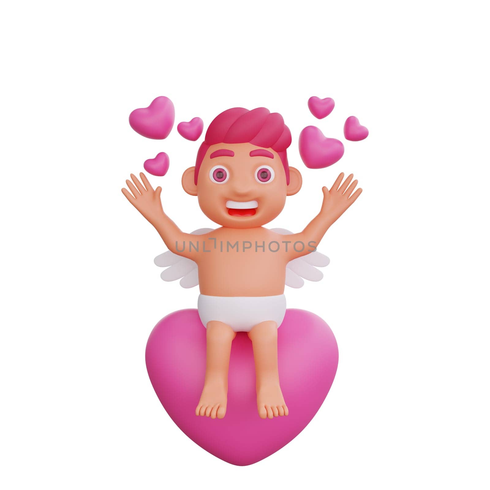 3D illustration of Valentine Cupid character Sitting atop a large heart while waving, surrounded by floating hearts, perfect for Valentine or love themed projects