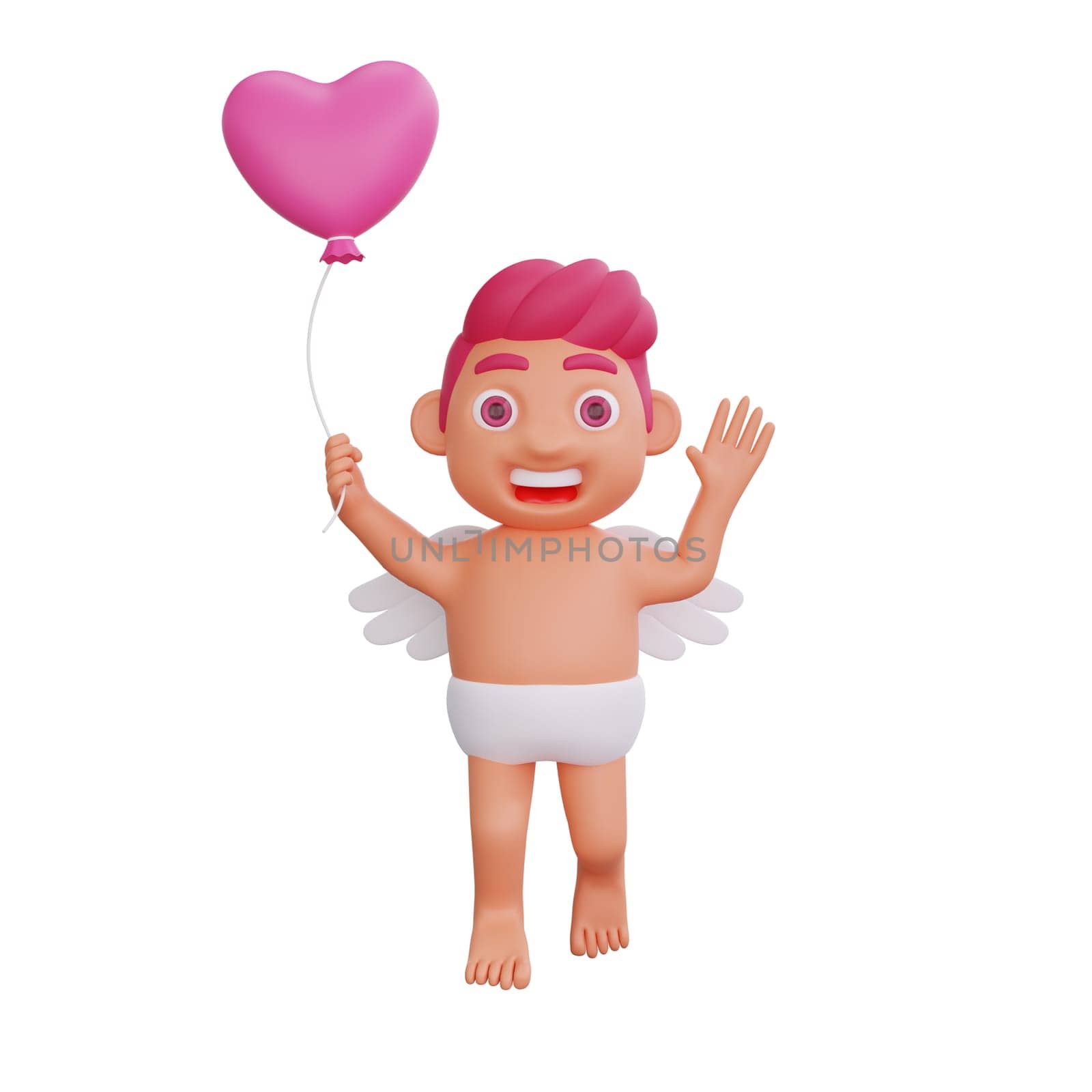 3D illustration of Valentine Cupid character joyfully holds a heart-shaped balloon, perfect for Valentine or love themed projects