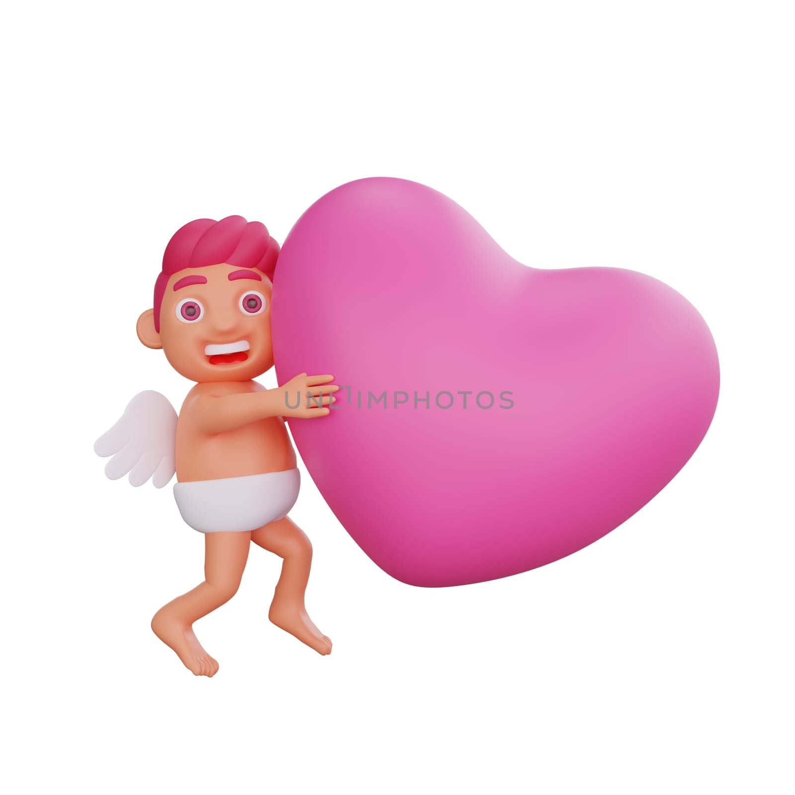 3D illustration of Valentine Cupid character hugging a vibrant pink heart, symbolizing love and affection, perfect for Valentine or love themed projects