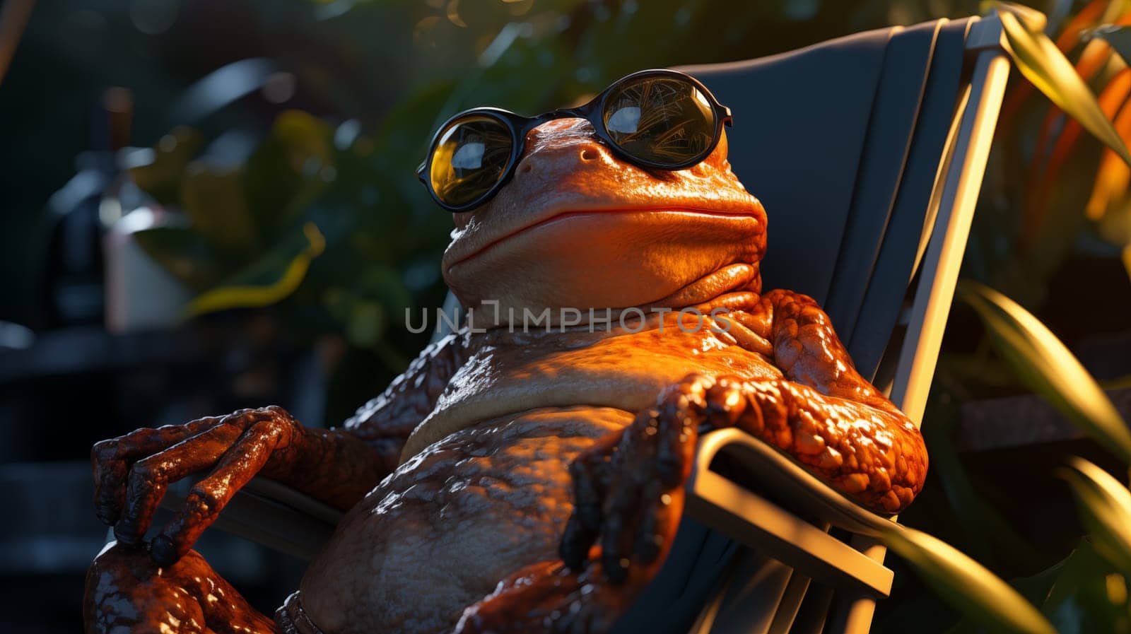 Relaxed cute frog with sunglasses lounging on a chair amidst foliage.