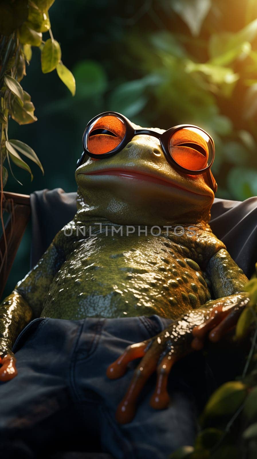 Stylish Frog Lounging in Sunglasses relaxed in a chair amidst foliage.
