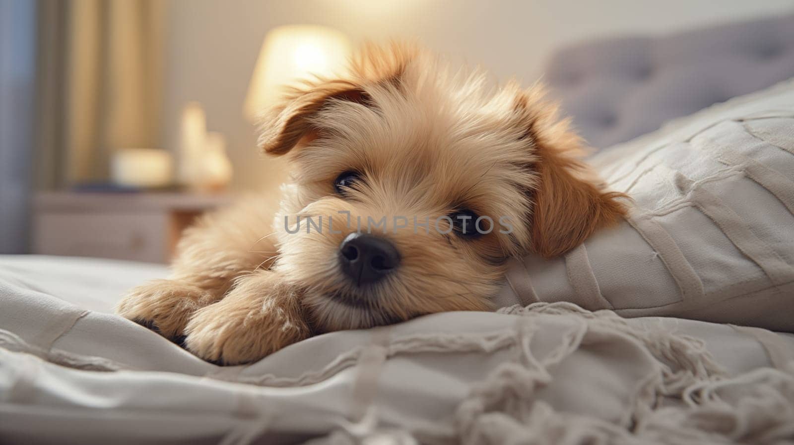 Adorable fluffy puppy lying down on a comfortable bed, looking at the camera with a soft gaze.