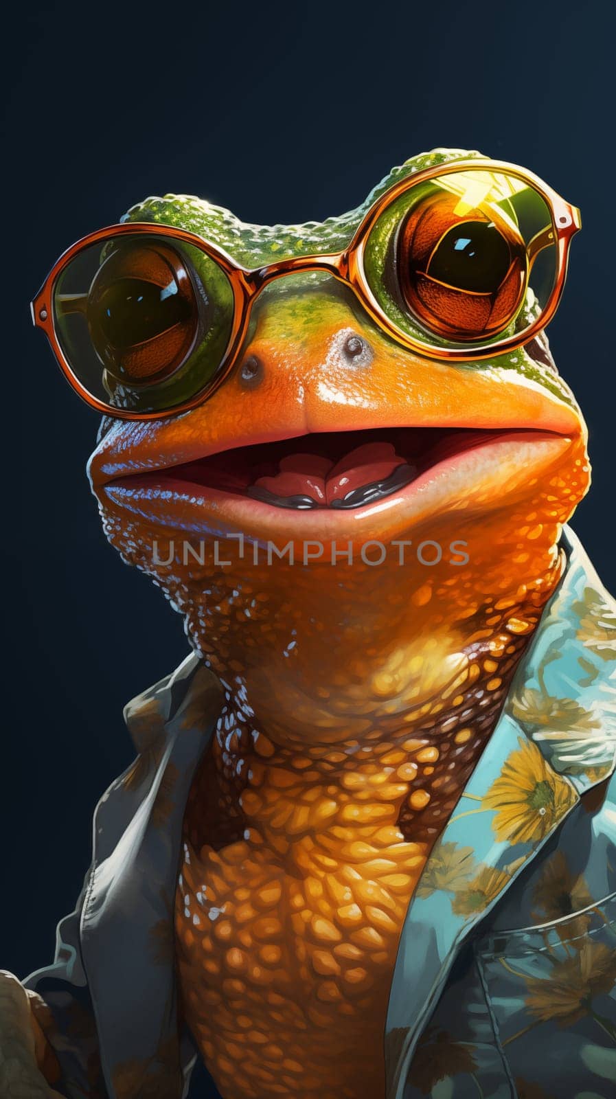 A dapper-looking frog with reflective sunglasses, adorned in a floral outfit.