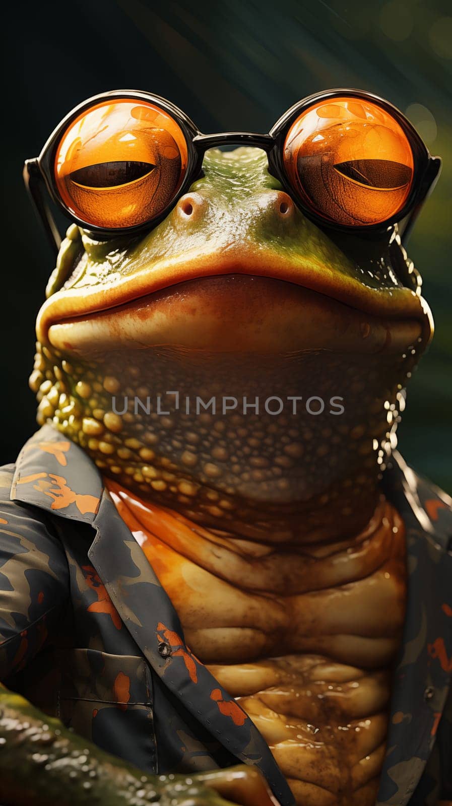 A haughty frog in reflective sunglasses, wearing a floral dark shirt.