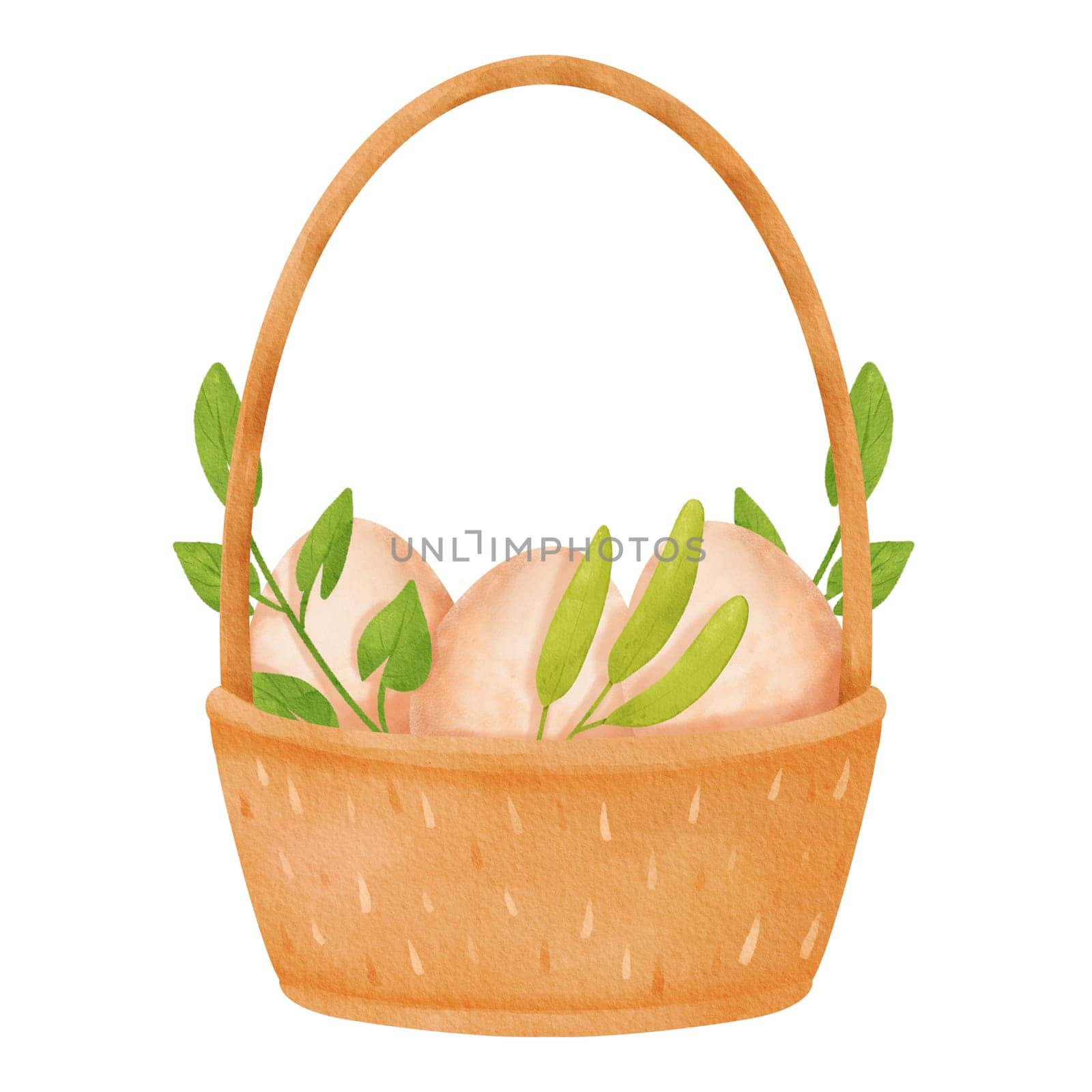 Wooden basket with a tall handle. Woven container filled with wholesome eggs and adorned with green sprigs. spring composition with a sense of freshness. Eco-friendly product. Watercolor illustration by Art_Mari_Ka