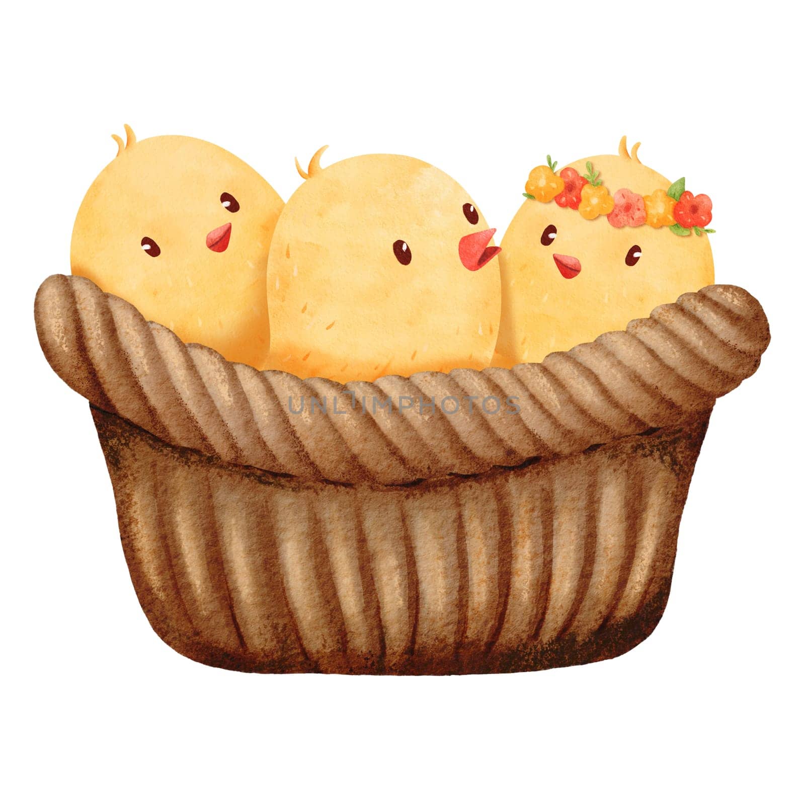 Brown woven basket with adorable little chicks inside. Watercolor illustration with the charm of newborn chicks in a rustic setting. for conveying a heartwarming farm atmosphere. for cards, and prints by Art_Mari_Ka