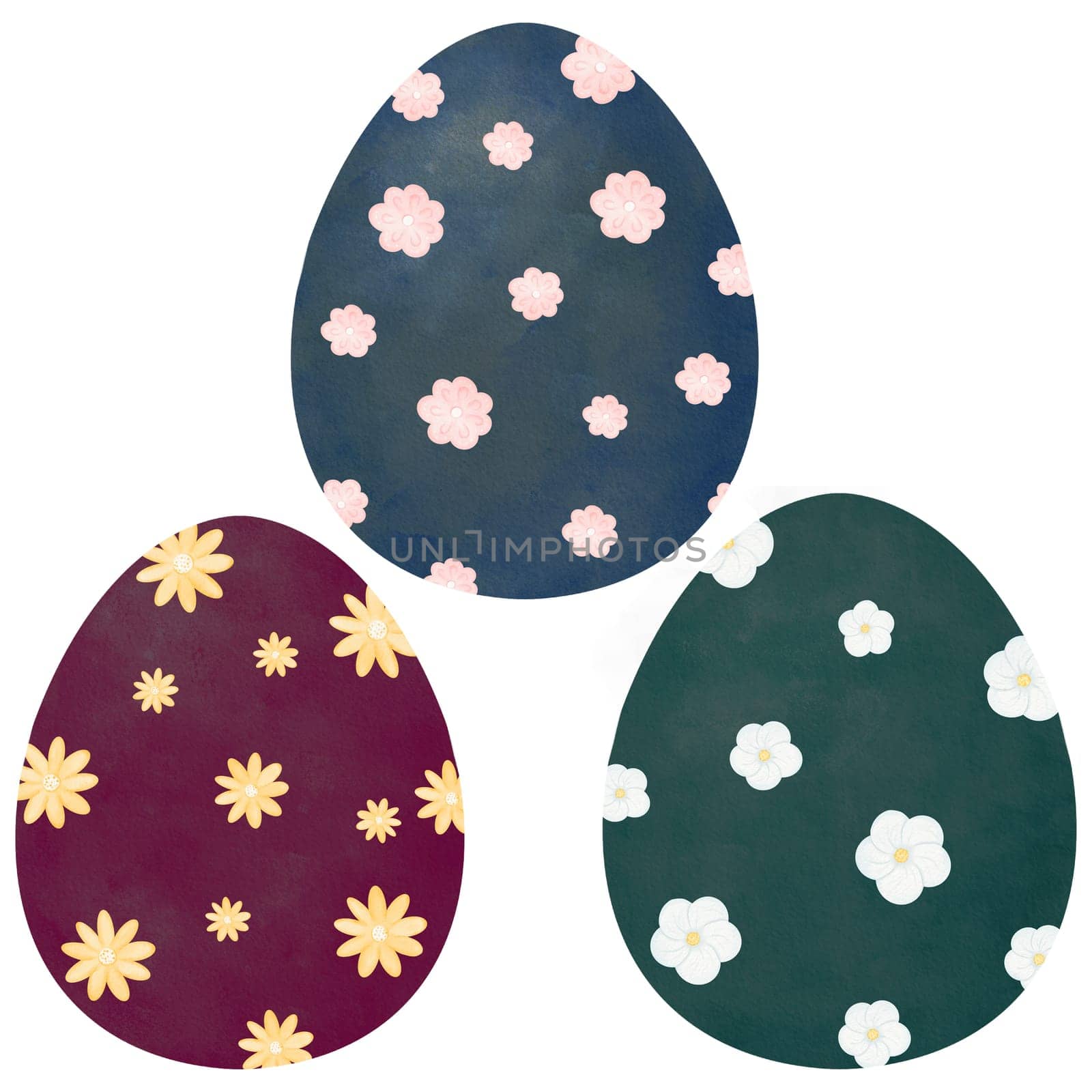 Set of dark watercolor eggs adorned with flowers. A versatile collection for adding an artistic and floral touch to various creative projects, including textiles, posters, invitations, and more by Art_Mari_Ka