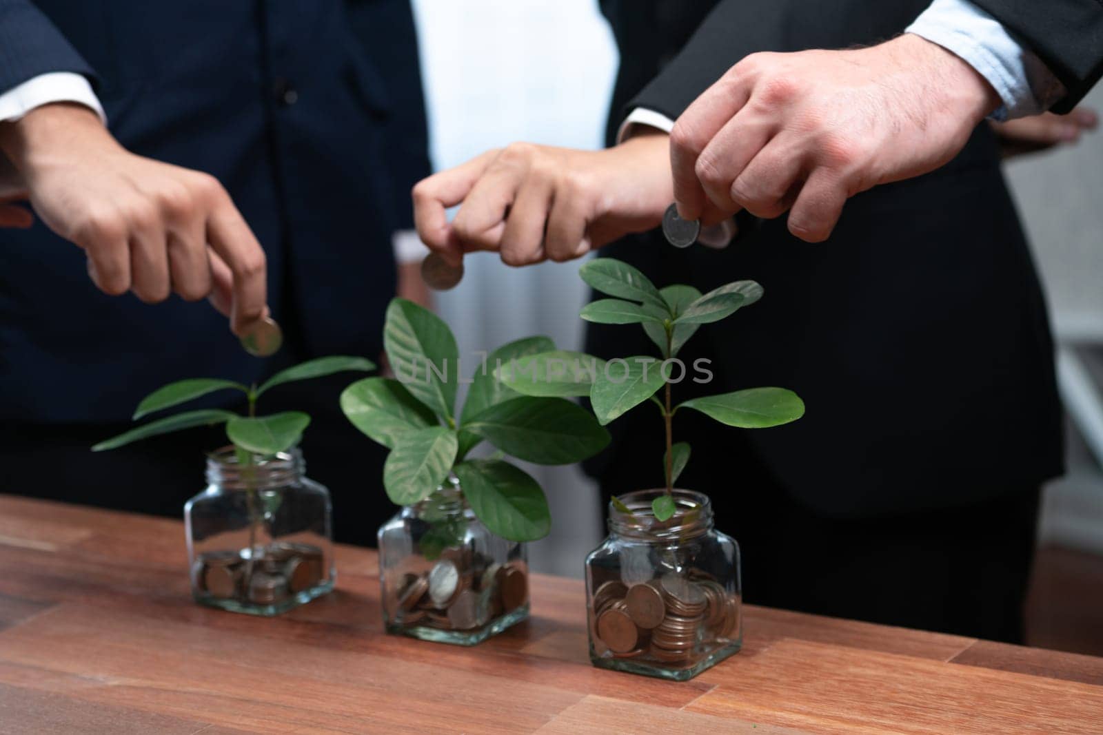 Business people put money saving into jar filled with coins and growing plant for sustainable financial planning for retirement or eco subsidy investment for environment protection. Quaint