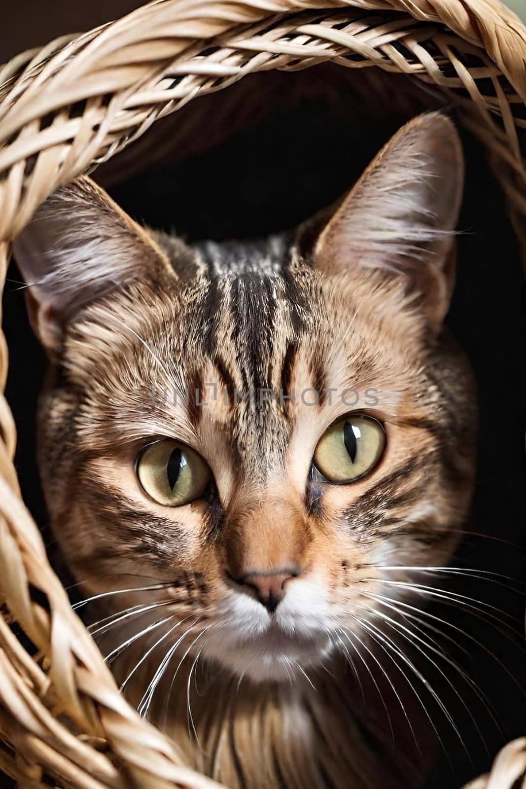 Portrait of a cute cat in a wicker basket. by yilmazsavaskandag