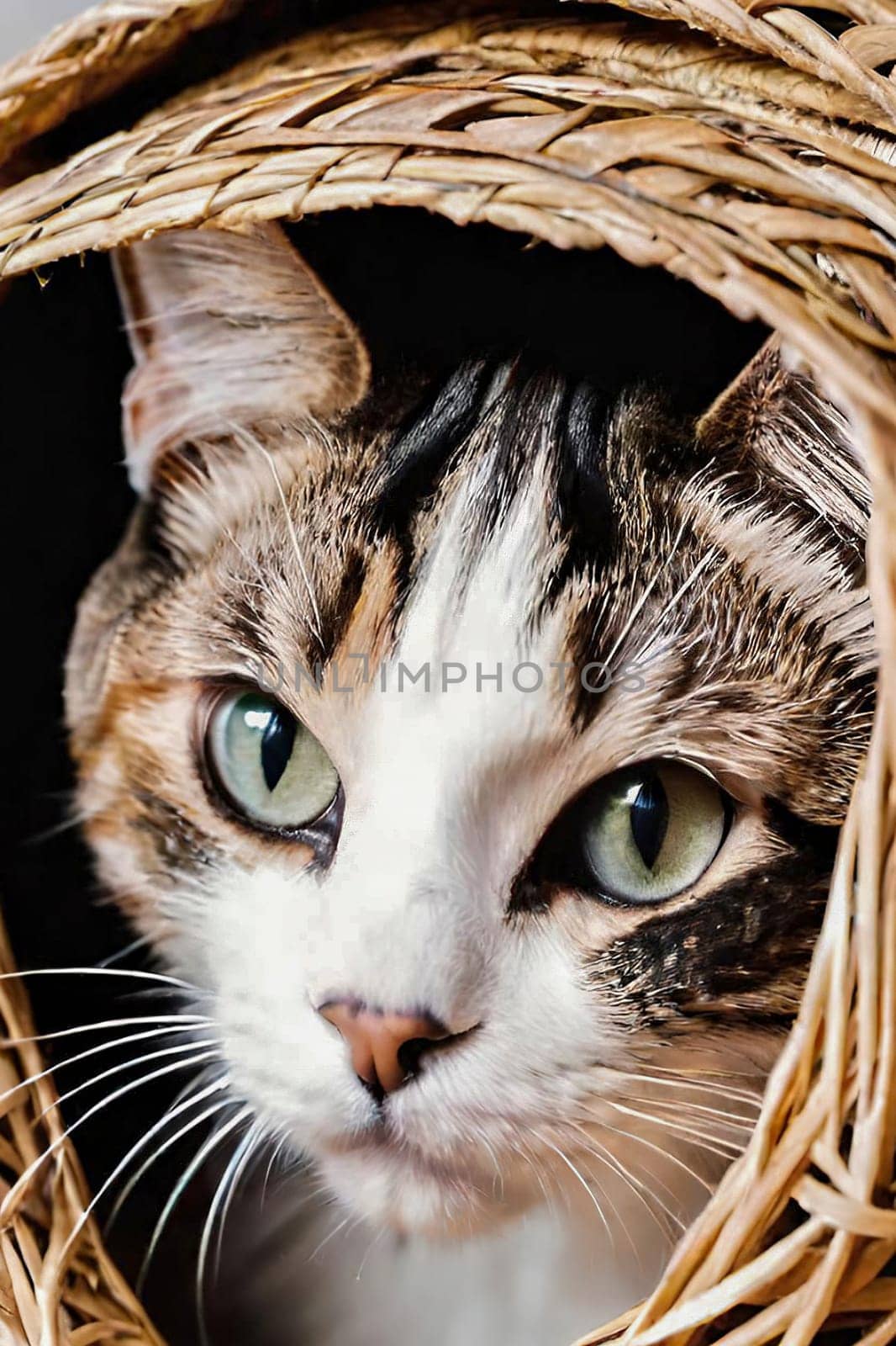 Portrait of a cute cat in a wicker basket.Beautiful cute cat in a wicker basket on background.