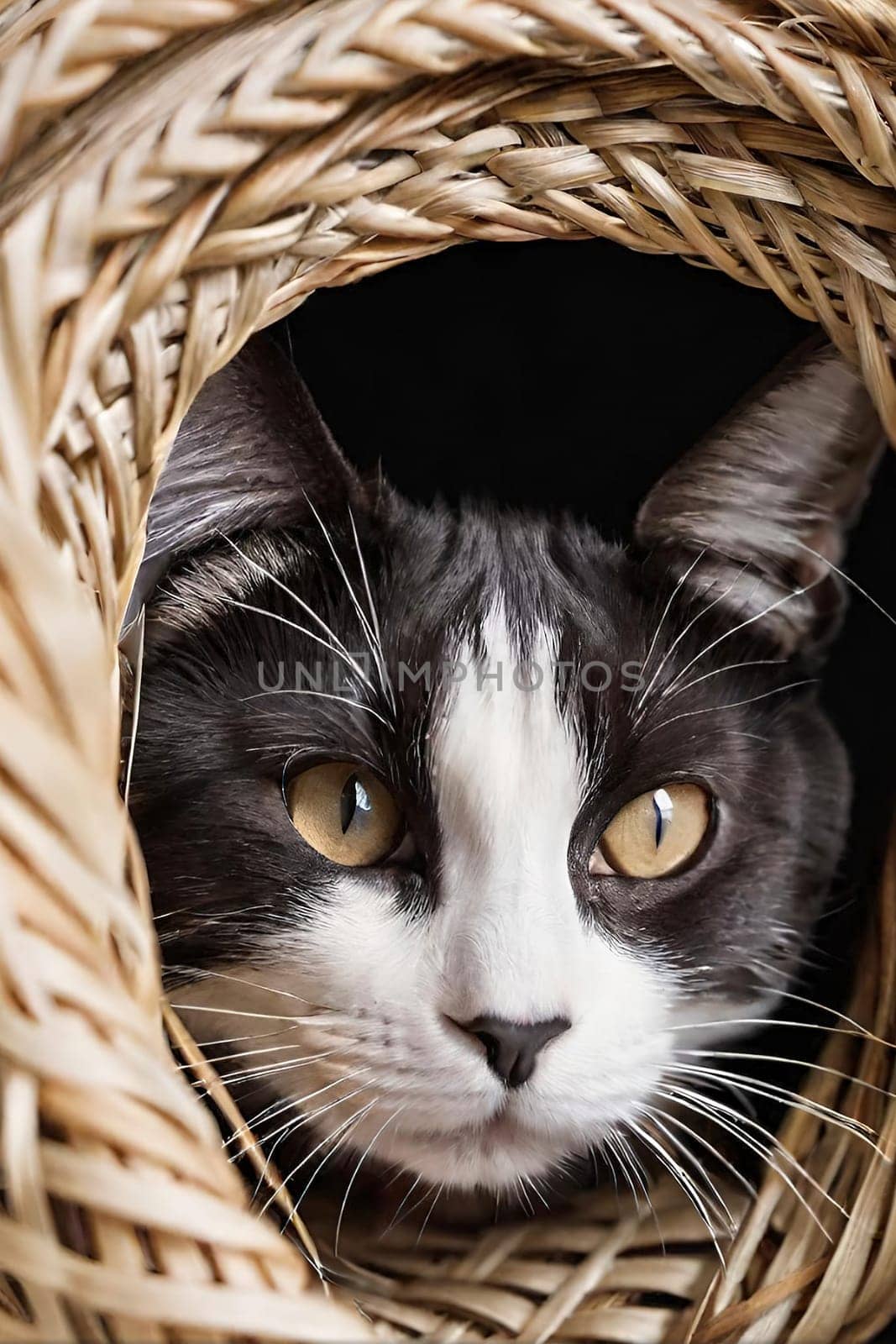 Portrait of a cute cat in a wicker basket. by yilmazsavaskandag
