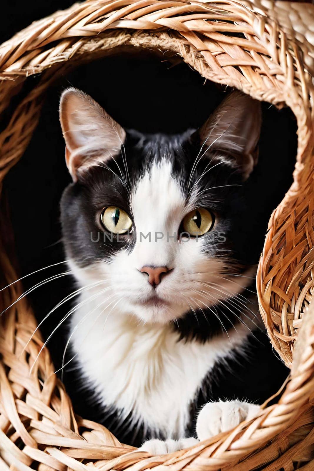 Portrait of a cute cat in a wicker basket.Beautiful cute cat in a wicker basket on background.