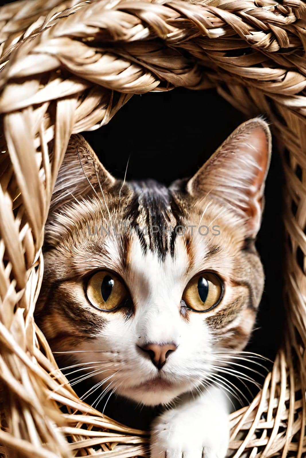 Portrait of a cute cat in a wicker basket.Beautiful cute cat in a wicker basket on background.