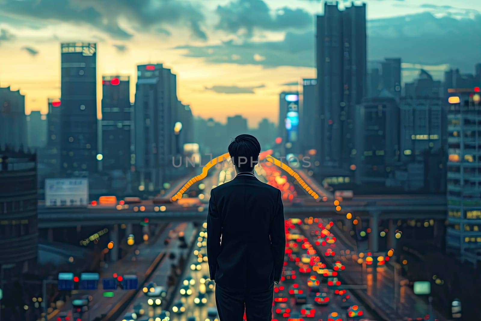 A Chinese business man in suit stands with city traffic and cityscape in the background at sunset.