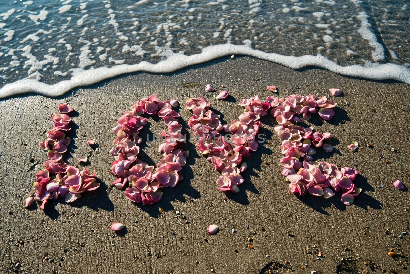 romantic beach of love rose petals on the coastline wide view pragma