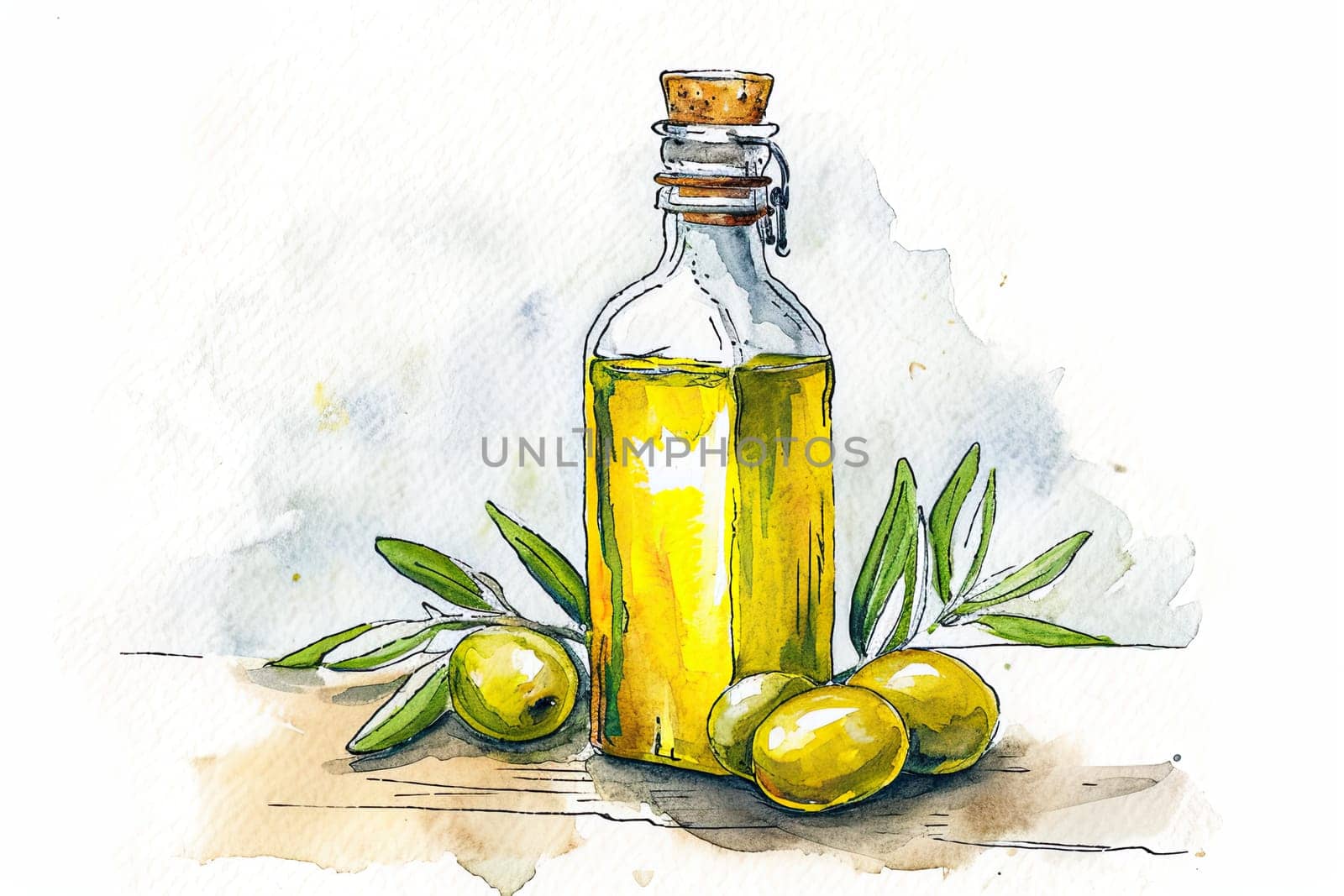 Hand drawn watercolor illustration of olive oil bottle on a white background.