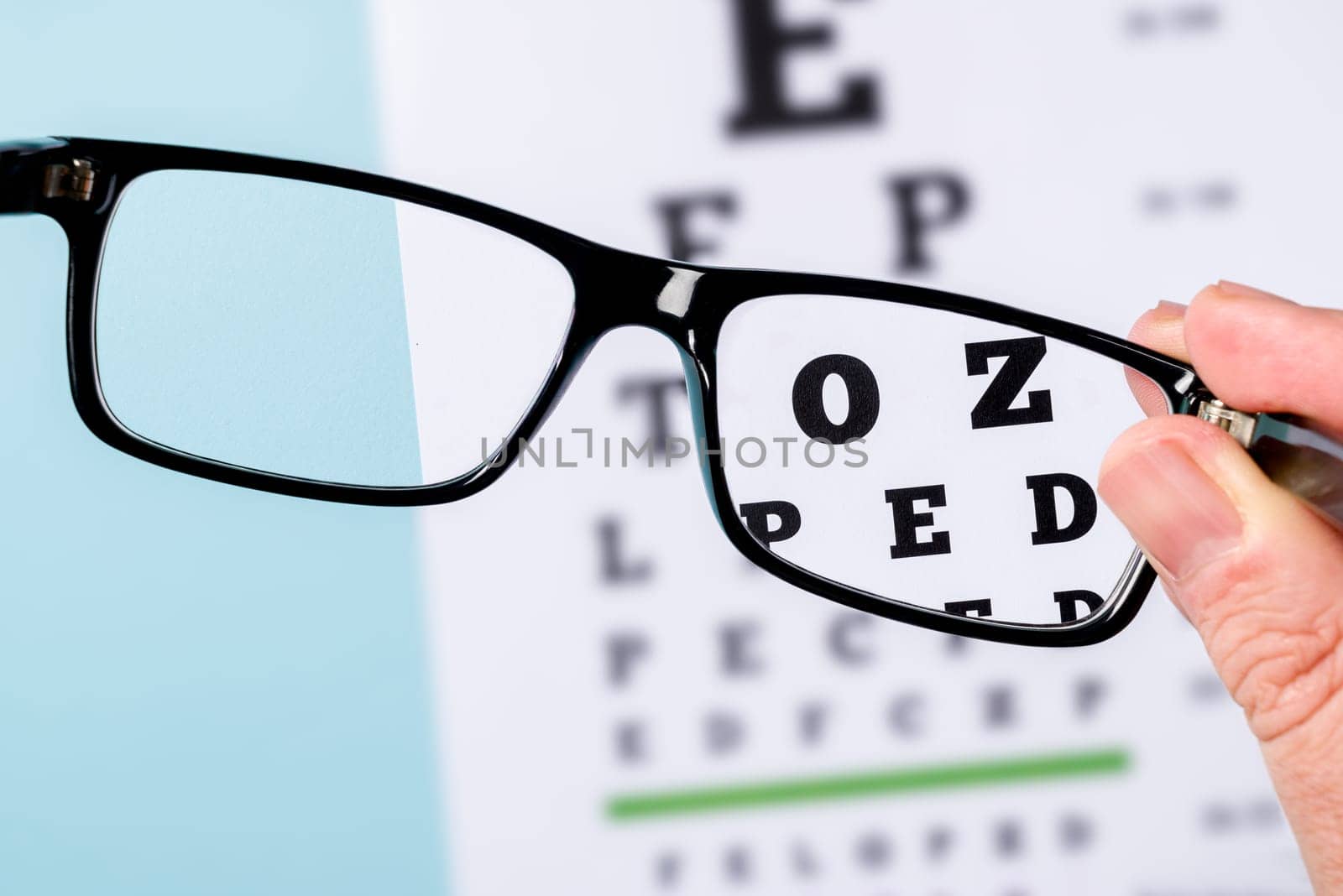 The eye test chart is seen through the glasses. Areas outside the glasses are blurred by Sonat