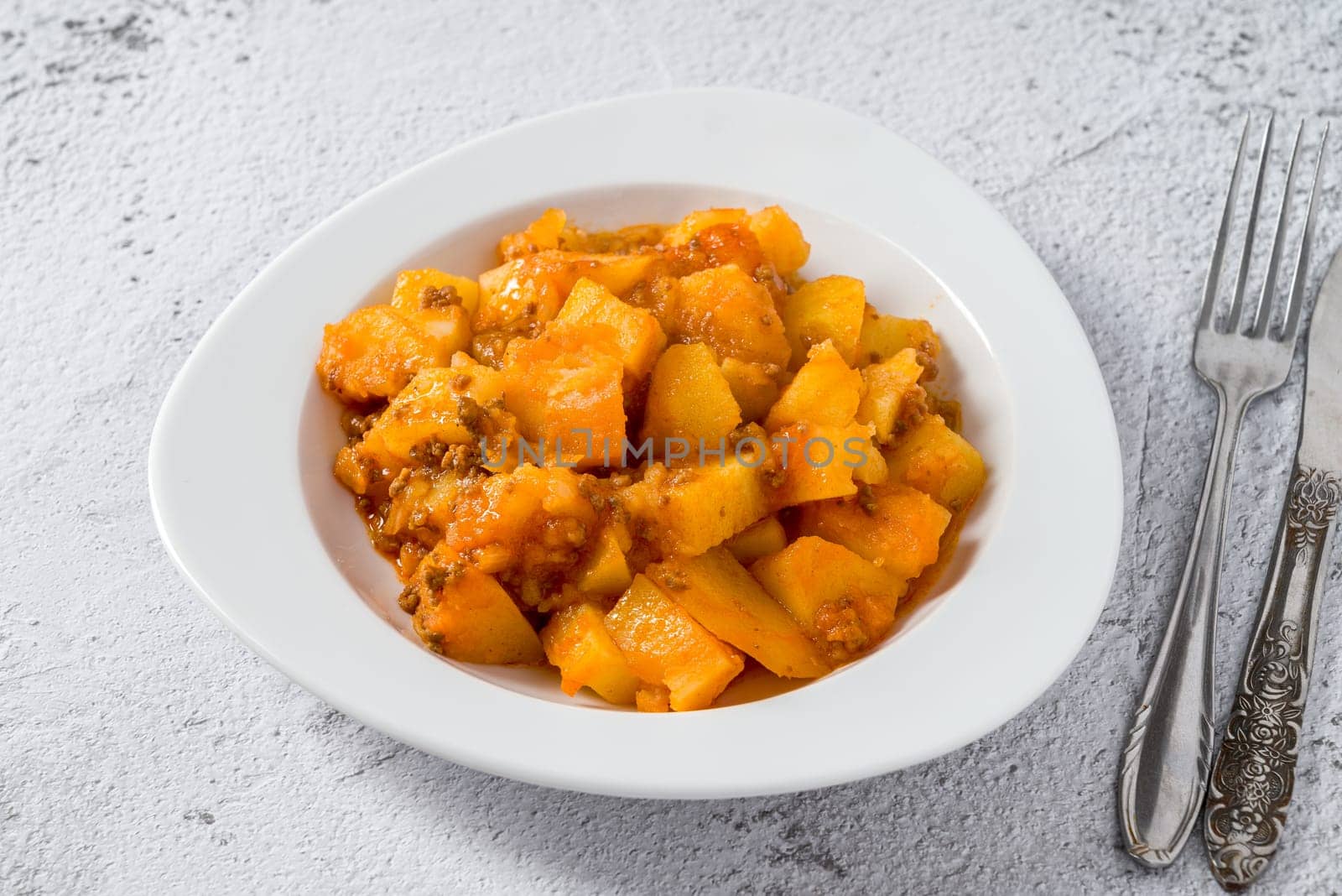 Minced meat and potato dish on white porcelain plate on stone table by Sonat