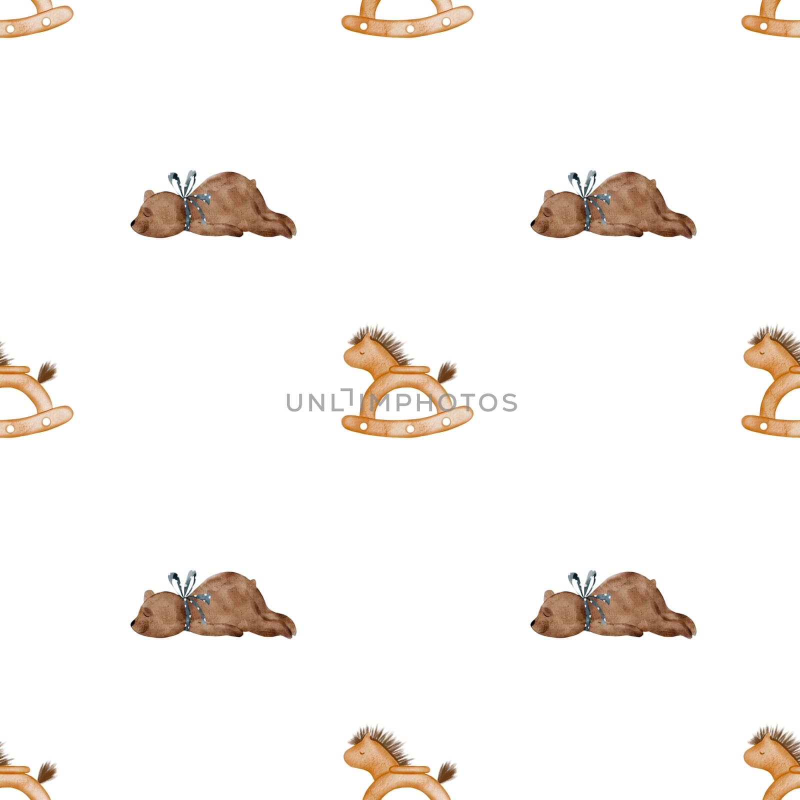Watercolor seamless pattern of cute little plush bear with a blue bow and a wooden vintage horse. Kawaii drawing with an adorable teddy and a toy on a white background. For printing on children's textiles and baby shower wrapping paper. High quality illustration
