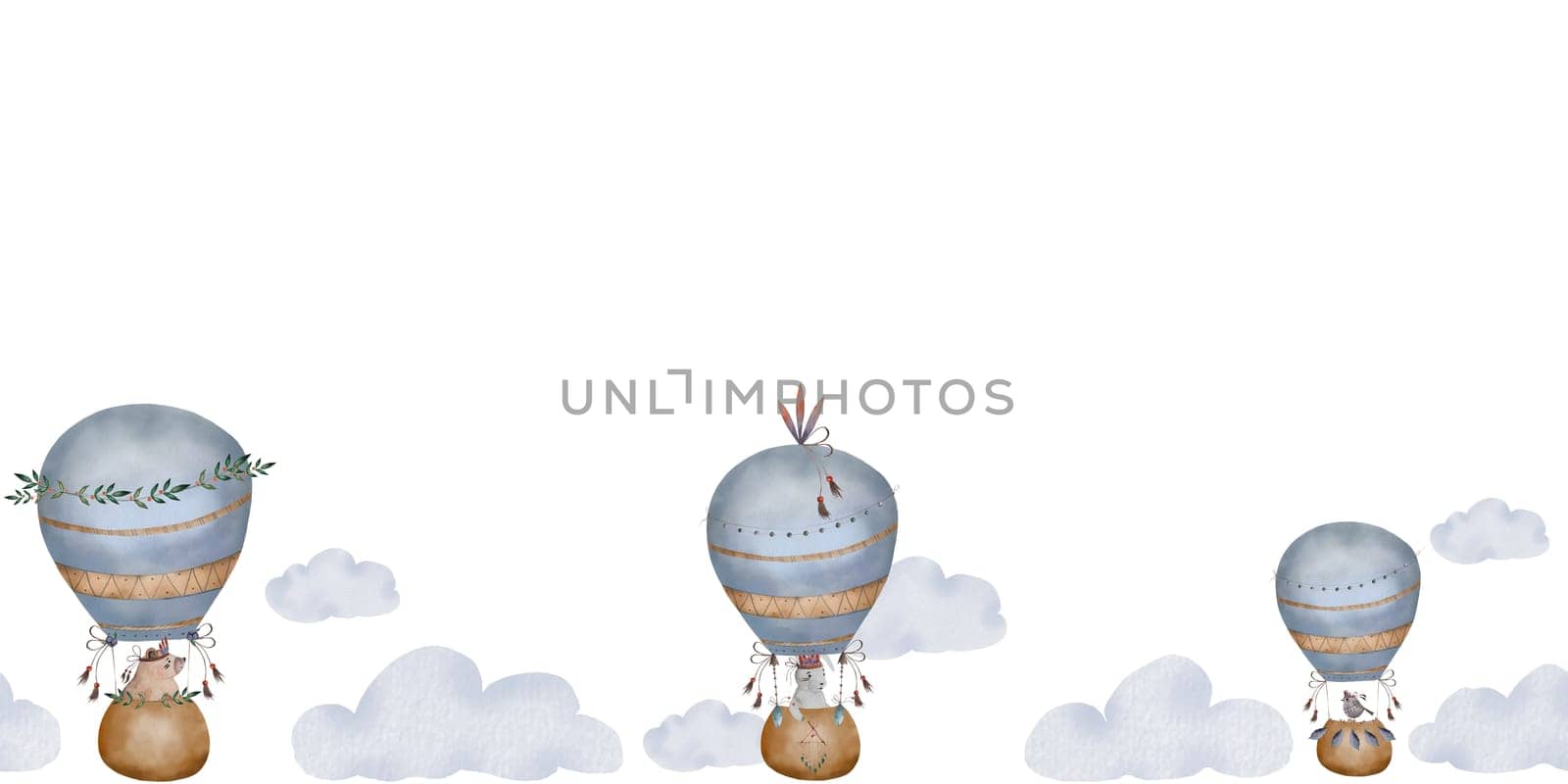 Border watercolor frame with boho air balloons and blue clouds.Cute hand-drawn illustration in cartoon style and pastel colors for children's design of cards and baby shower invitations. High quality illustration