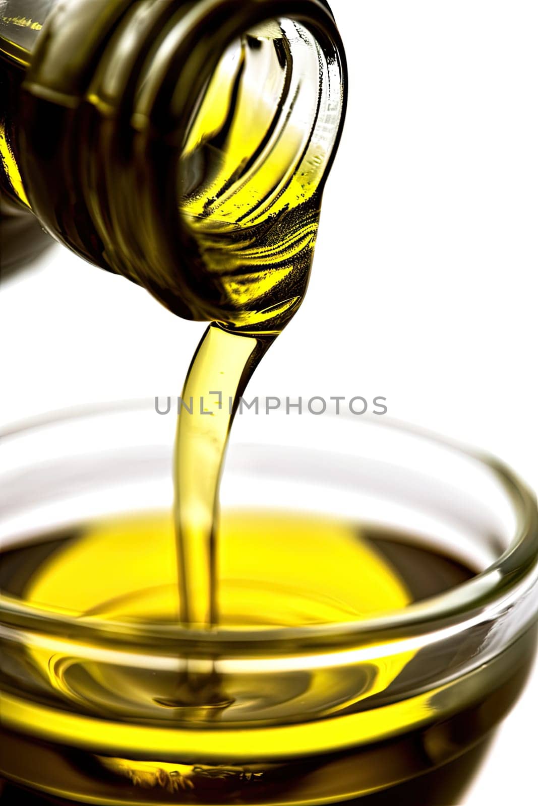 close up of olive oil being poured into a glass isolated on a white background.