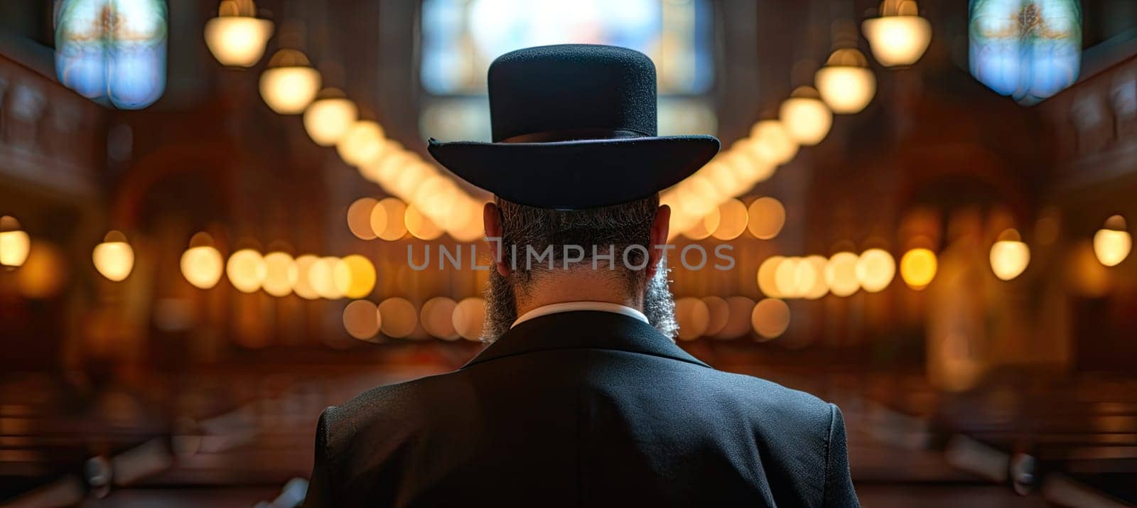 Back view chief rabbi man on synagogue interior praying.