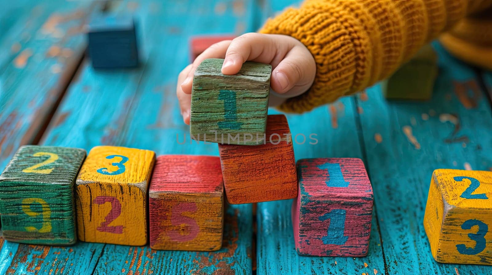Close up view of a child playing with wooden cubes with numbers and colorful toy bricks on a turquoise wooden background.