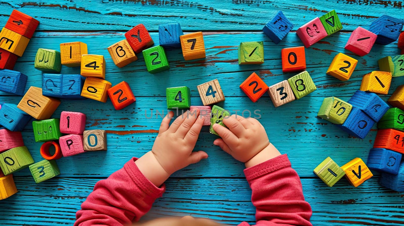 Top view of a child playing with wooden cubes with numbers and colorful toy bricks on a turquoise wooden background.
