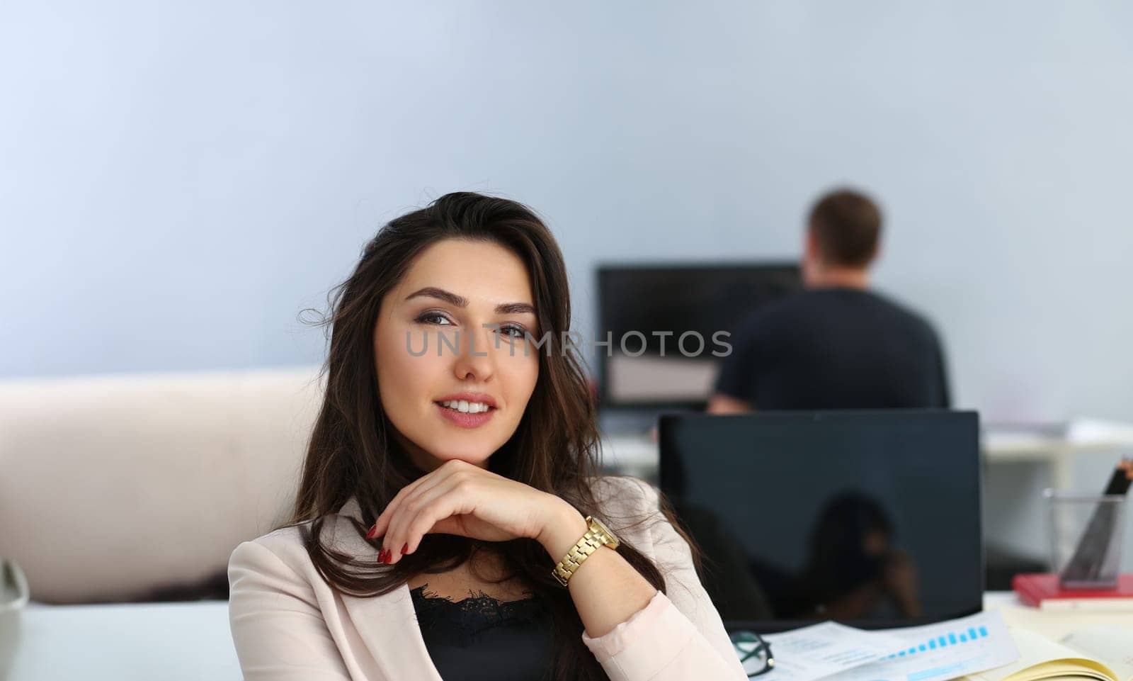 Portrait of smiling businesswoman at her working table. Business consulting. Consulting services concept