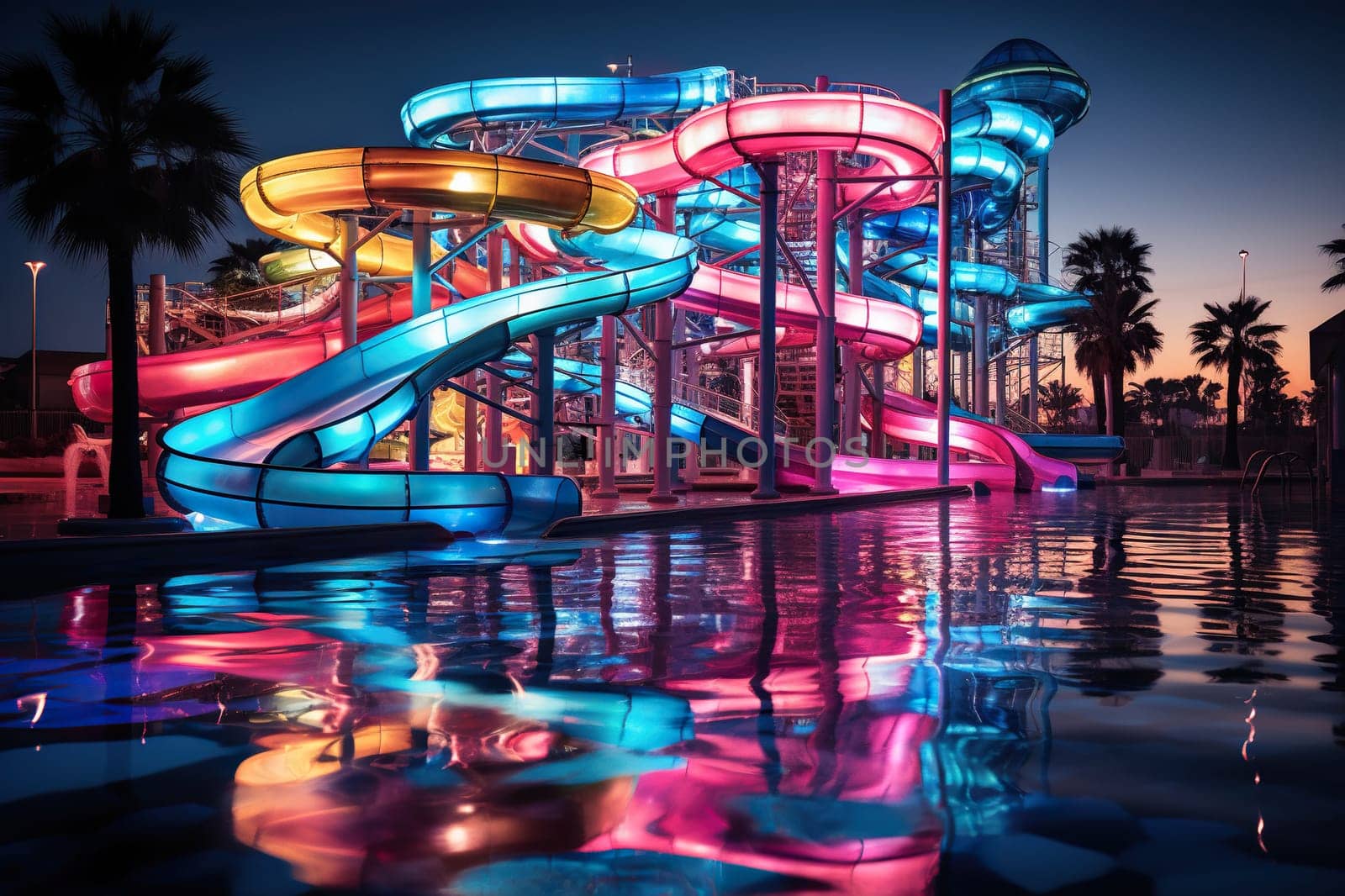 Water park in the evening in neon lighting in a luxury hotel with a swimming pool.