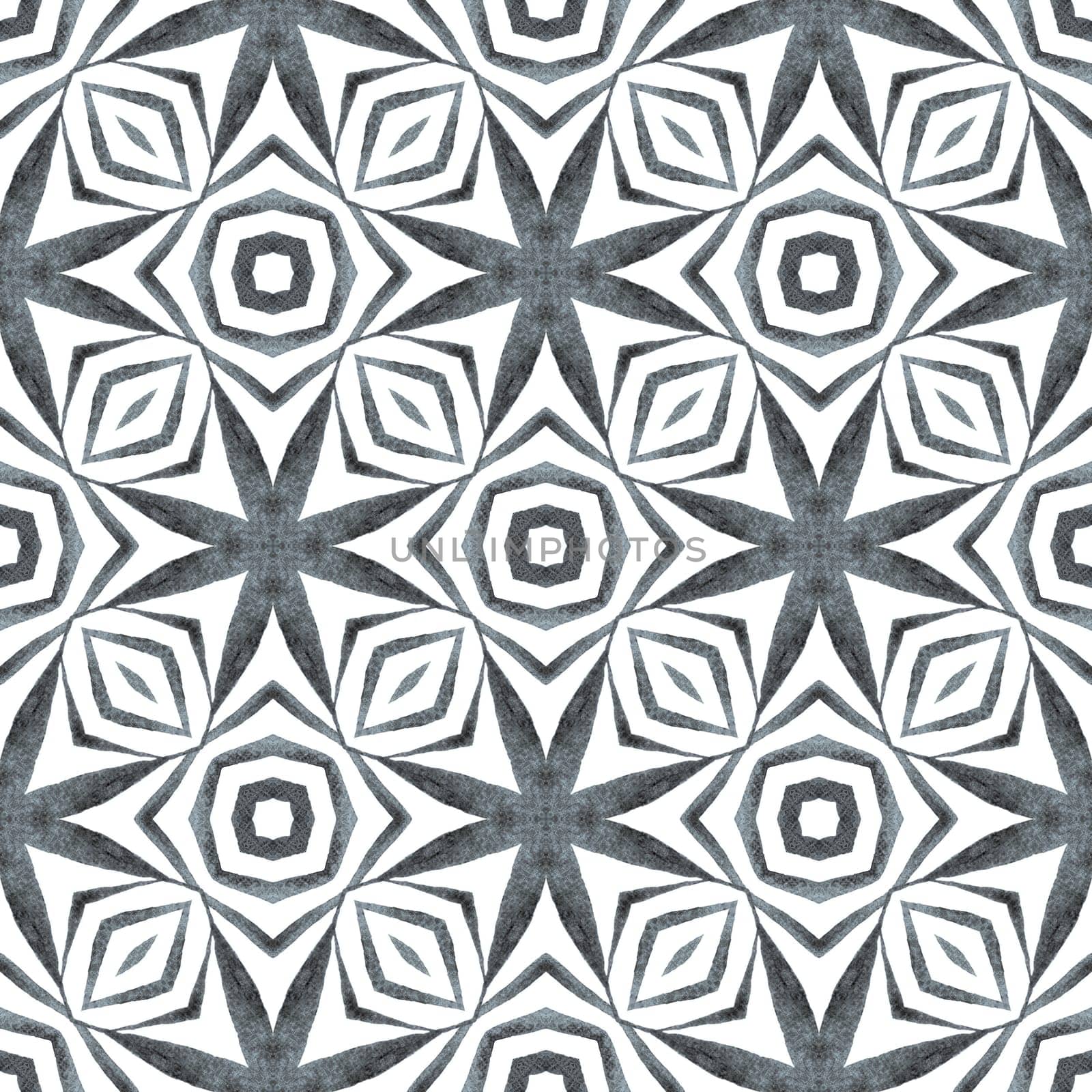 Watercolor ikat repeating tile border. Black and white radiant boho chic summer design. Textile ready positive print, swimwear fabric, wallpaper, wrapping. Ikat repeating swimwear design.