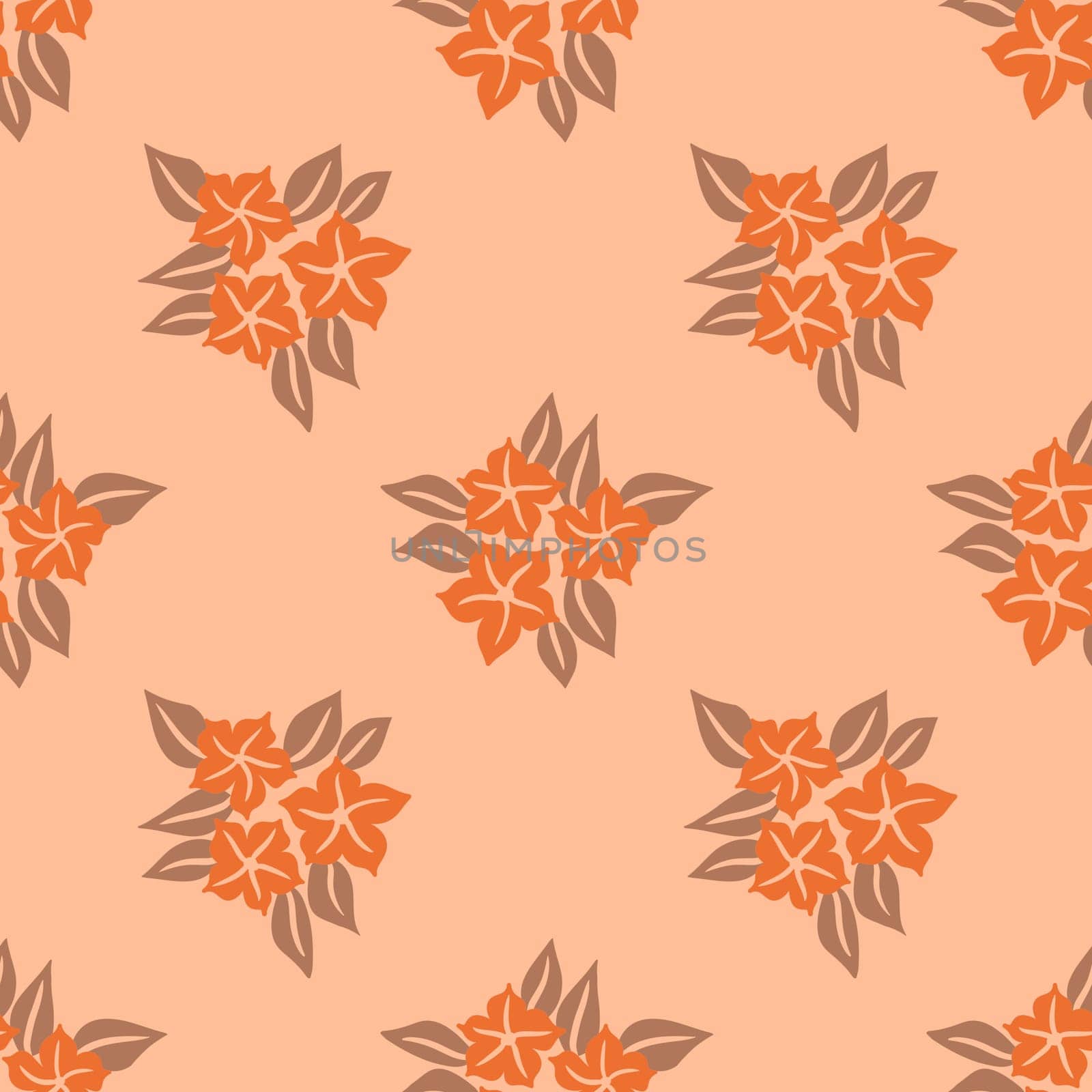 Hand drawn seamless pattern with floral flowers. Peach fuzz apricot orange ornament, simple retro pastel garden print with vintage ditsy elements. Color of the year design, trendy fabric background. by Lagmar
