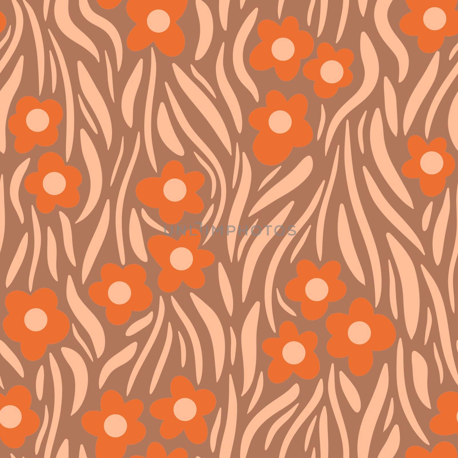 Hand drawn seamless pattern with floral flowers. Peach fuzz apricot orange ornament, simple retro pastel garden print with vintage ditsy elements. Color of the year design, trendy fabric background. by Lagmar