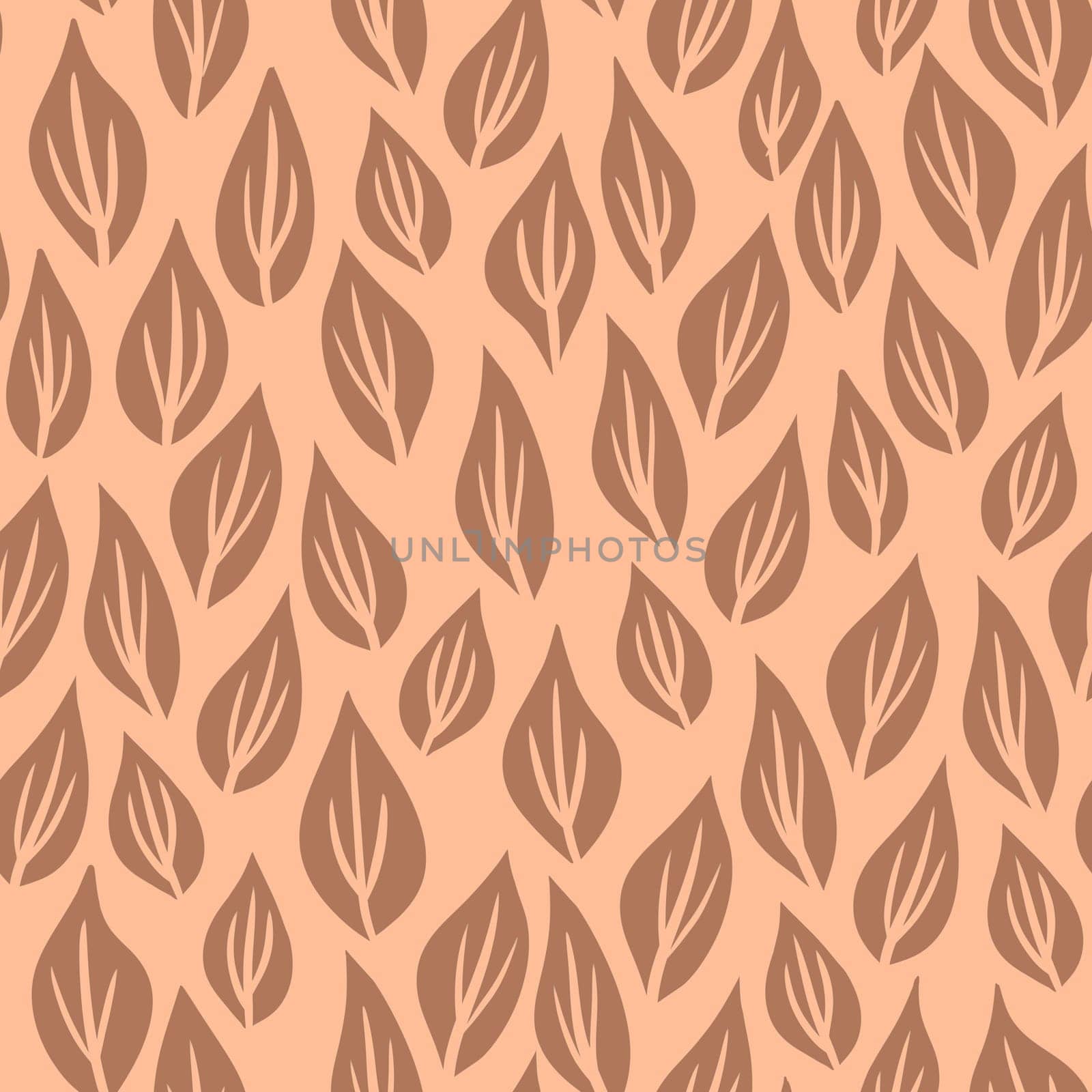 Hand drawn seamless pattern with leaf leaves. Peach fuzz apricot orange ornament, simple retro pastel garden print with vintage ditsy elements. Color of the year design, trendy fabric background, boho botanical art. by Lagmar