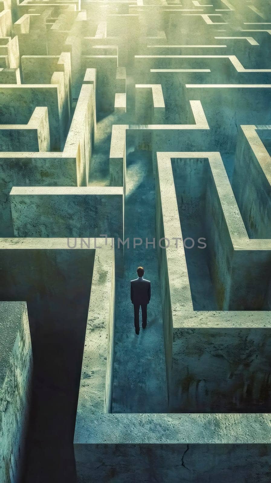 A solitary man in a suit stands at a crossroads within an immense concrete maze, contemplating the path ahead under a bright sky, vertical