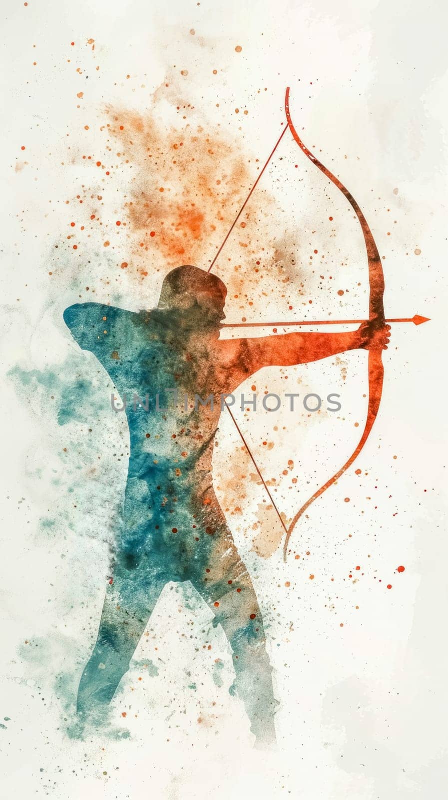A silhouetted archer, crafted in watercolor splashes of blue and red, pulls back on a bow, poised to release an arrow, set against a splattered, textured background, vertical