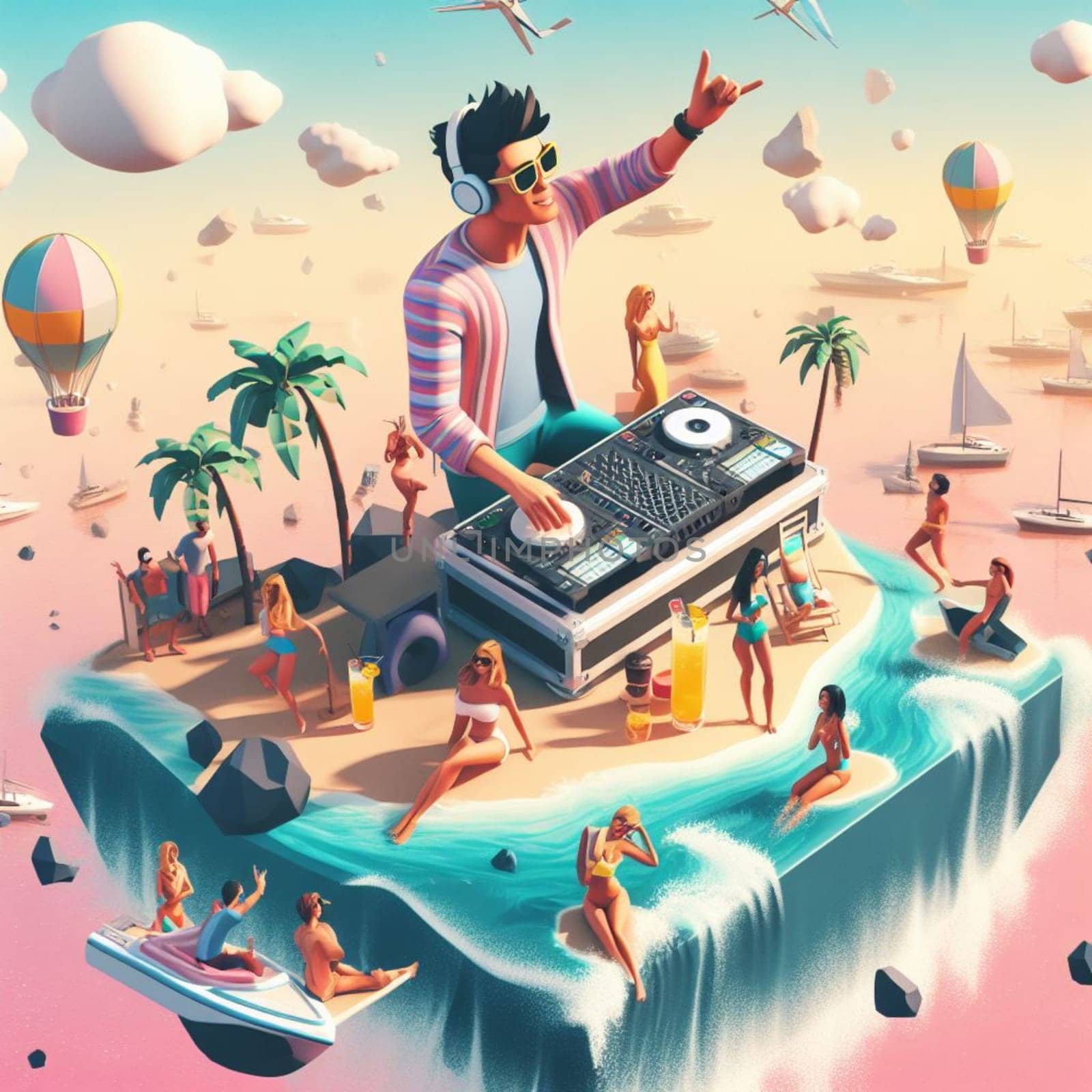 young deejay, wear glasses earphone hosting dj set at crowded beach party tropical island isometric ai generative ai art