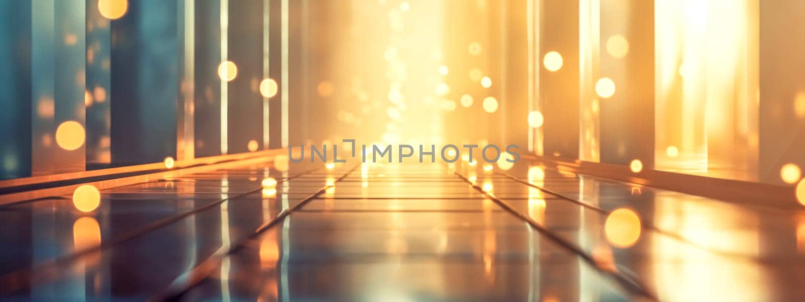 A mesmerizing corridor awash in a golden glow, with a bokeh light effect that creates a sense of warmth and an inviting path that leads towards a luminous end, banner with copy space