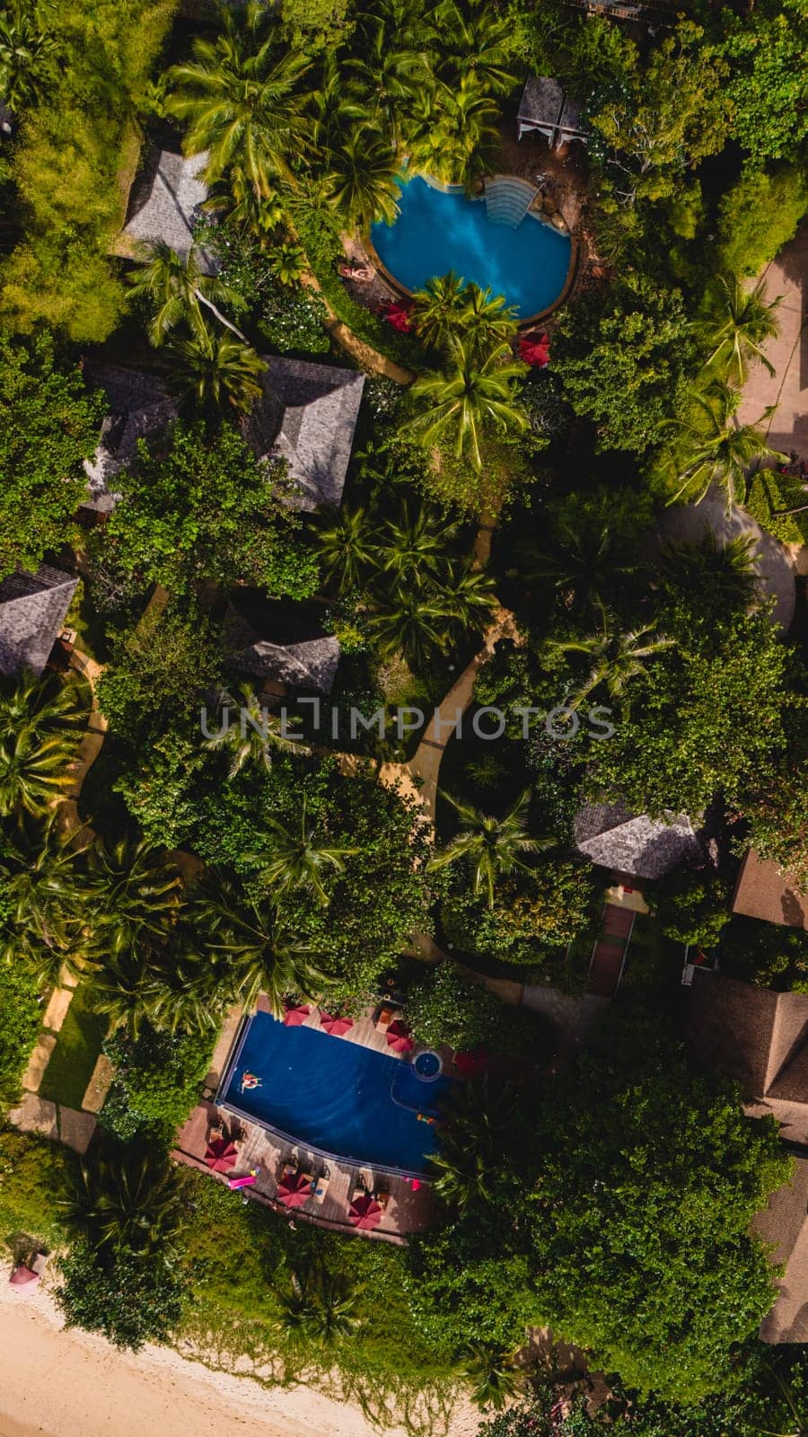 aerial drone view of a swimming pool in the jungle rainforest in Thailand, aerial view with a drone above a swimming pool in the rainforest of Thailand.